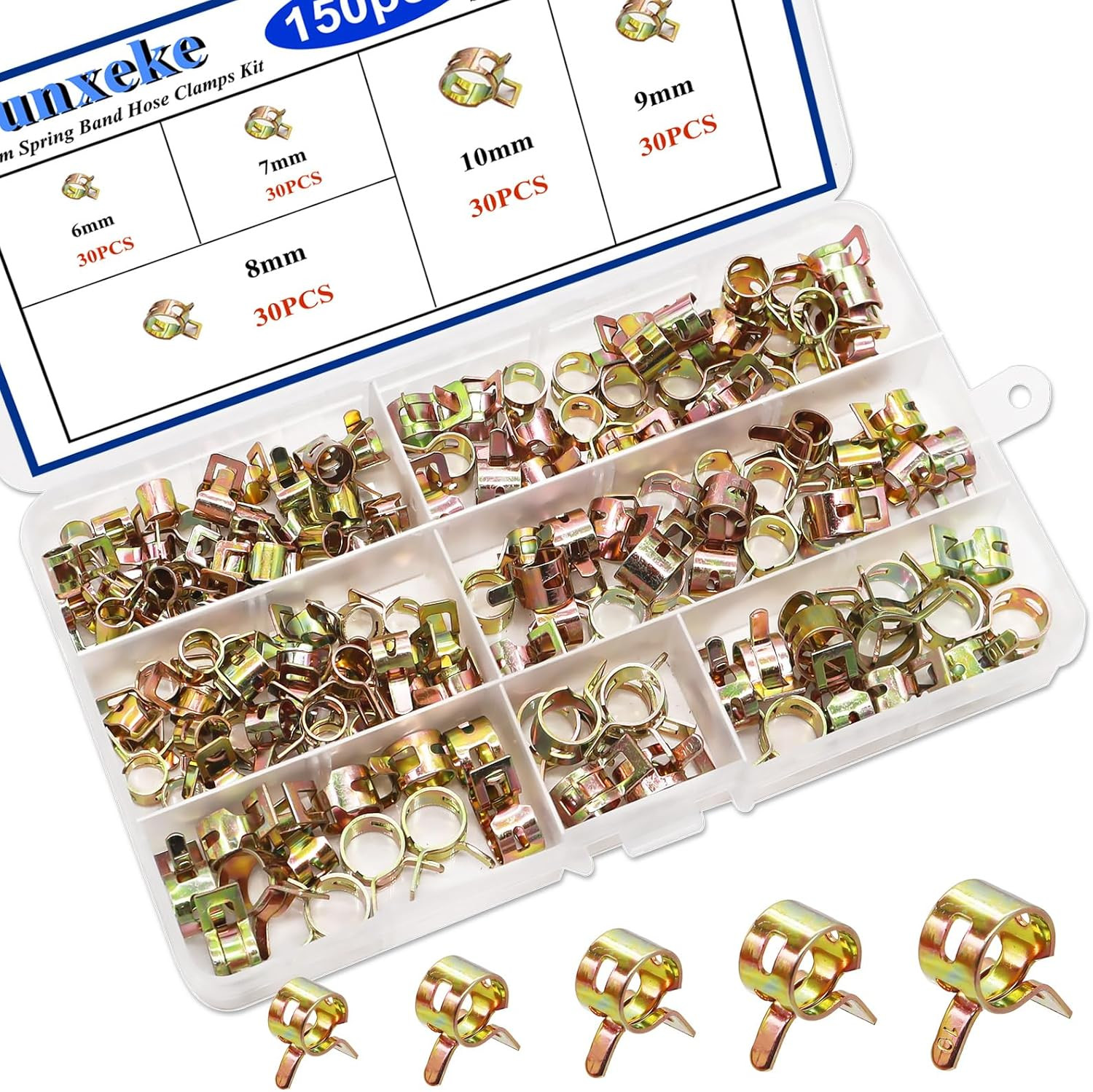 Sunxeke 150Pcs Spring Band Hose Clamps Assortment Kit,5 Sizes Fuel Line Hose
