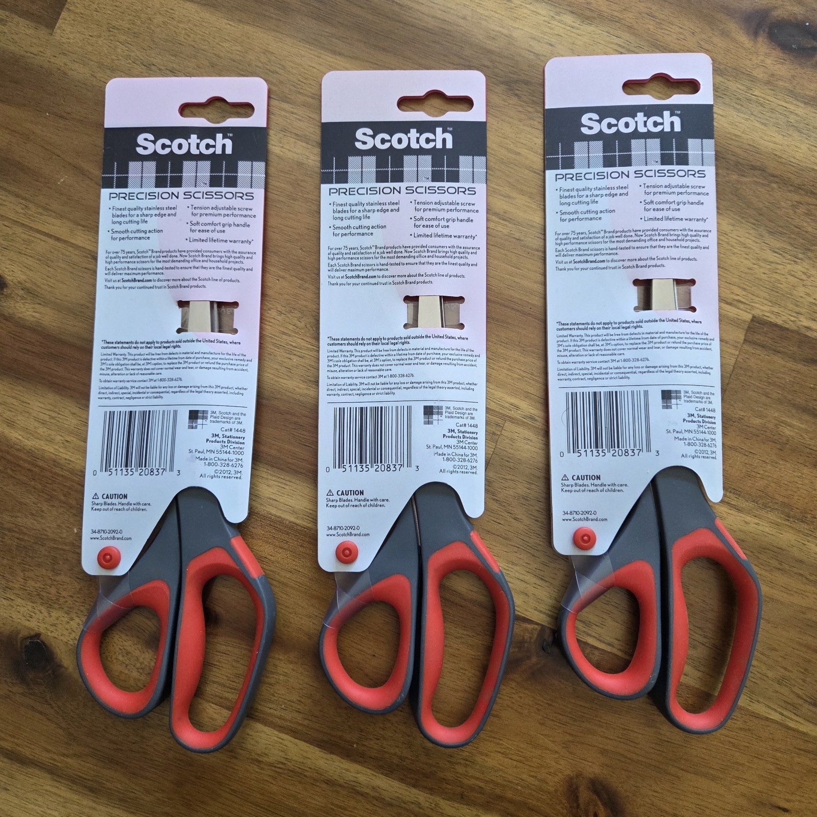 Scotch Precision Scissor 8 Inch Smooth Cut Fabric Paper 3M 1448 Gray Red, 3 Pack