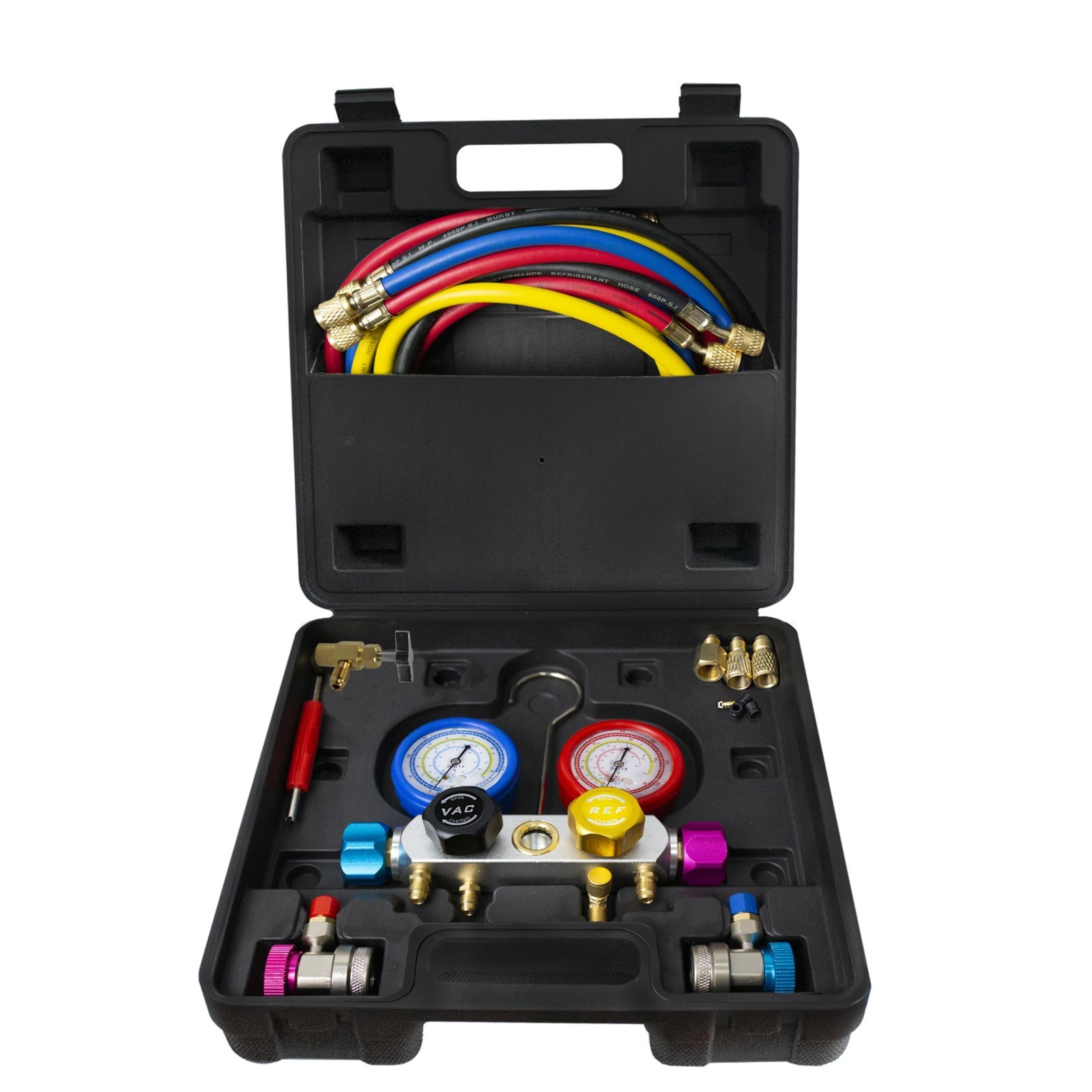 4 Way AC Manifold Gauge Set with 5FT Hoses, R134A R410A R22 Refrigerant Kit