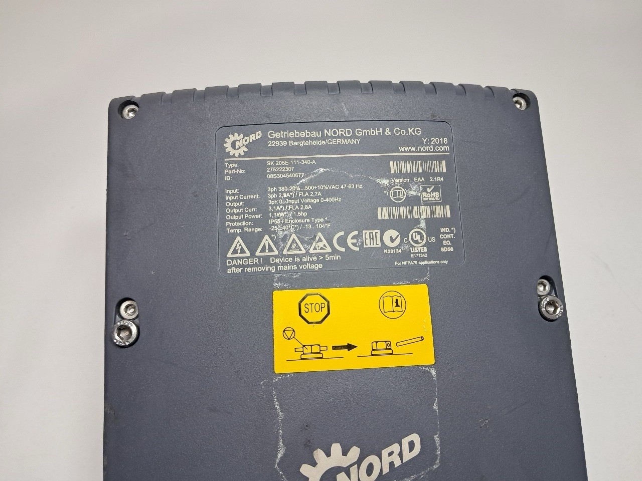 Used – Nord SK 205E-111-340-A INVERTER 1.1 kW 3ph FLA 2.7 Amps 0/400 Hz