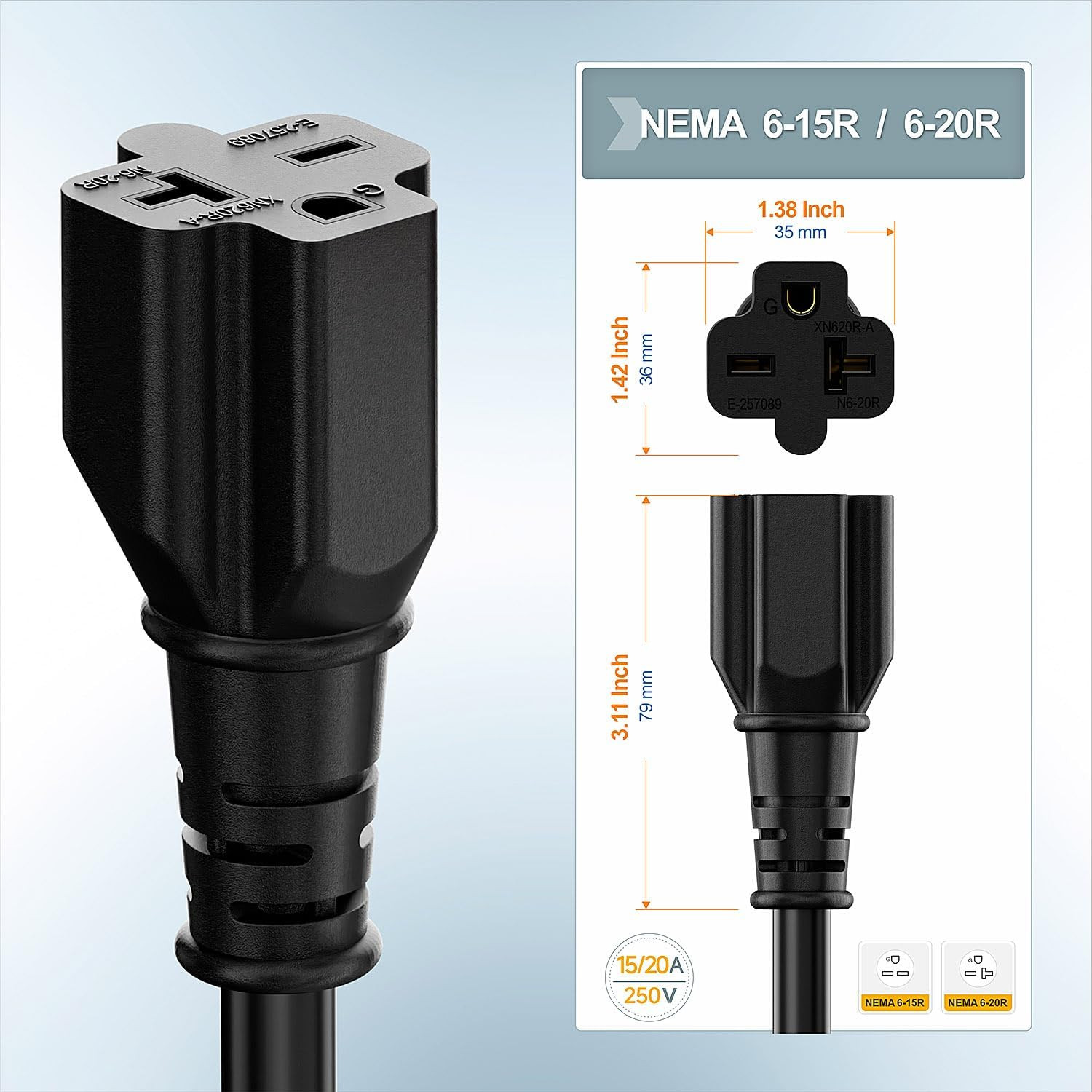 Nema 10-30P to 6-20R Dryer Plug Adapter 30A 125/250V to 20A 250V 12AWG 1FT