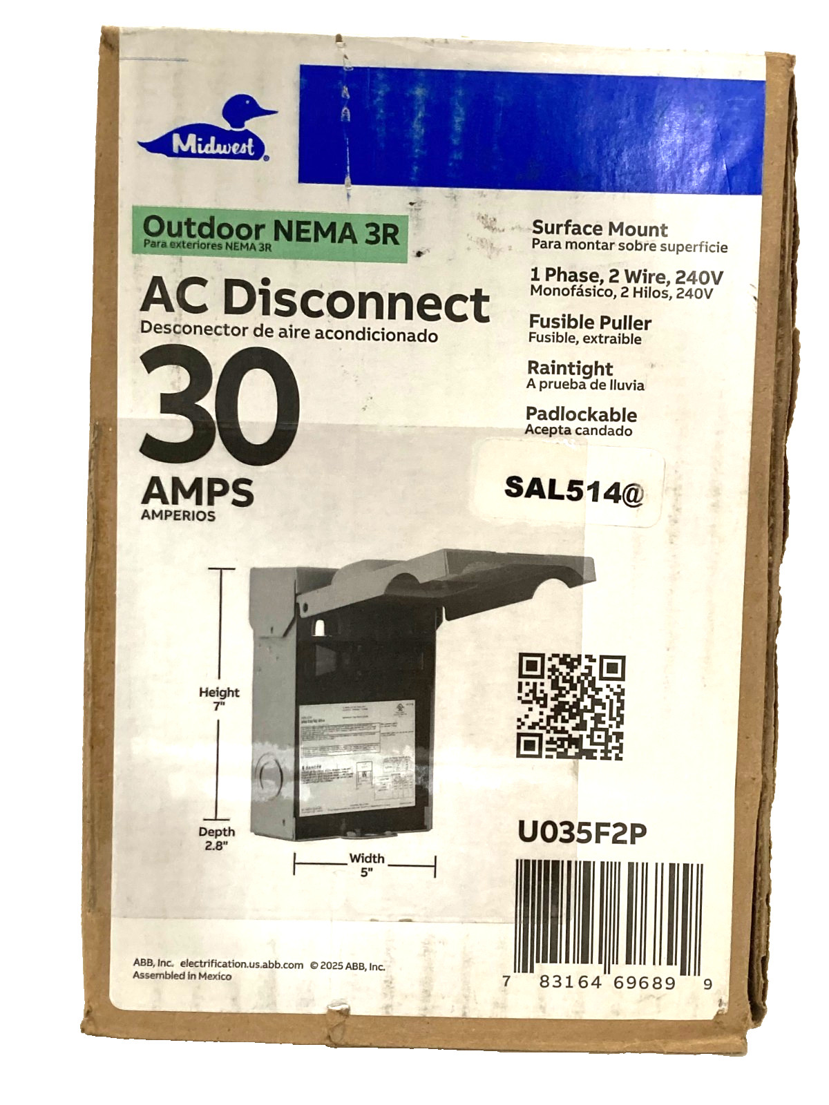 Midwest 30A Outdoor AC Disconnect 120/240 Volt Fused U035F2P