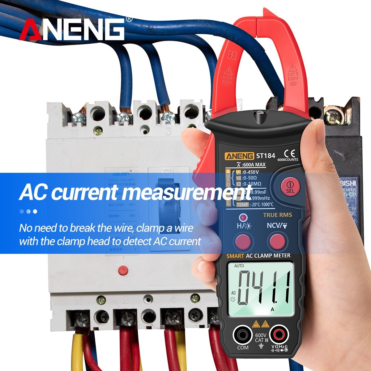 ANENG ST184 Clamp Meter True RMS 600A AC Auto Range NCV Temp Tester 6000 Counts
