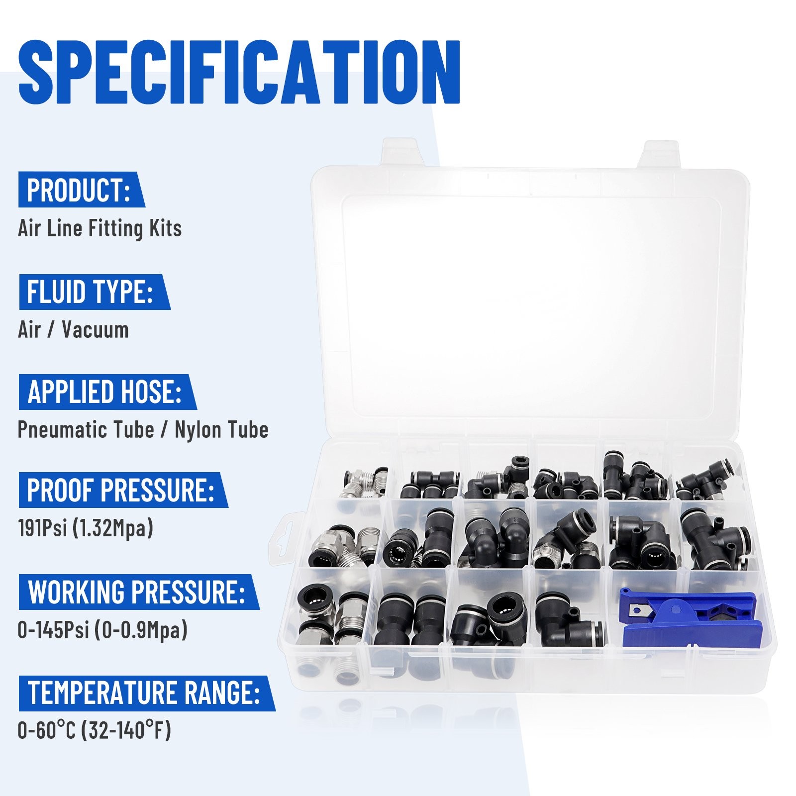 52X Quick Connect Air Line Fitting Kit 1/4 3/8 1/2 Push to Connect + Tube Cutter