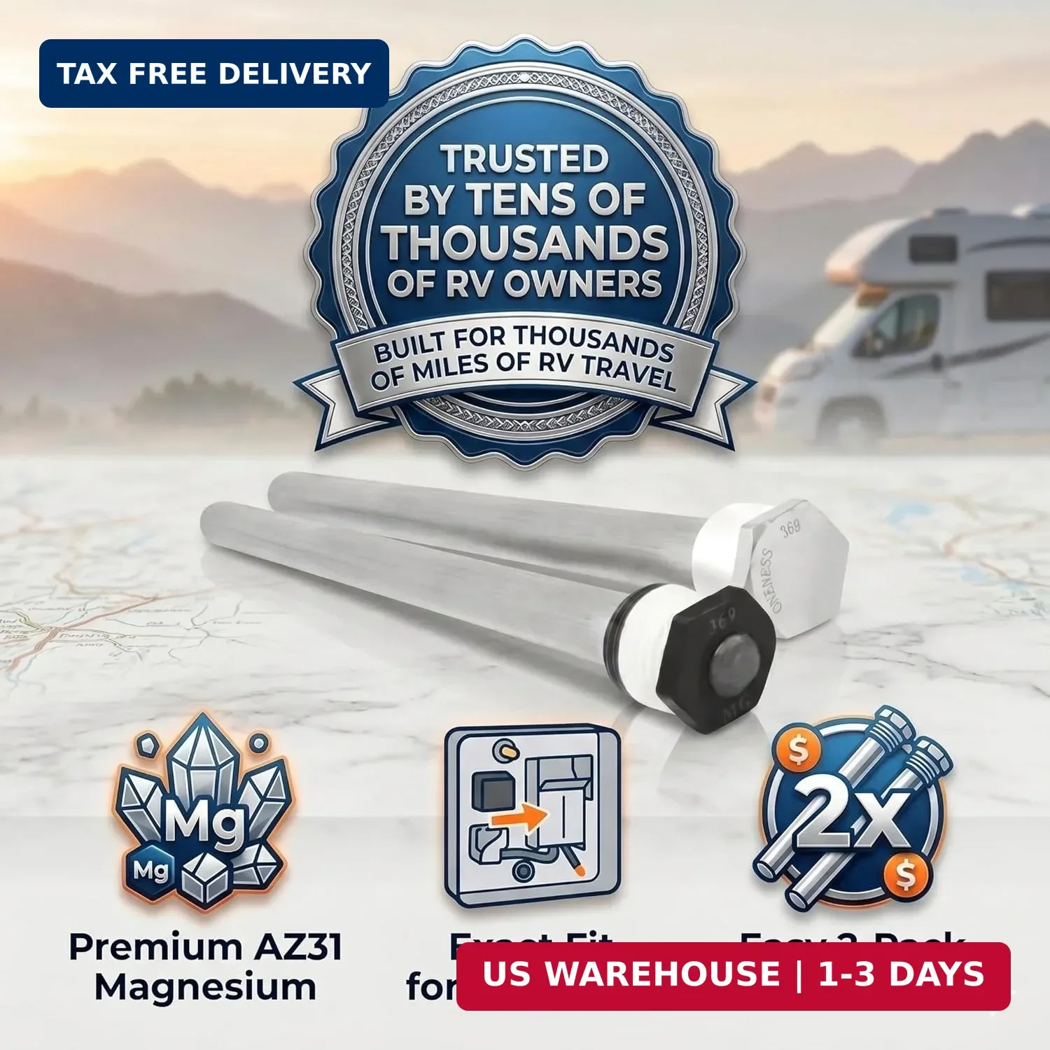 Oneness 369 RV Water Heater Anode Rod 2-Pack, 2 Years Warranty – 9.25″ x 3/4″ NP