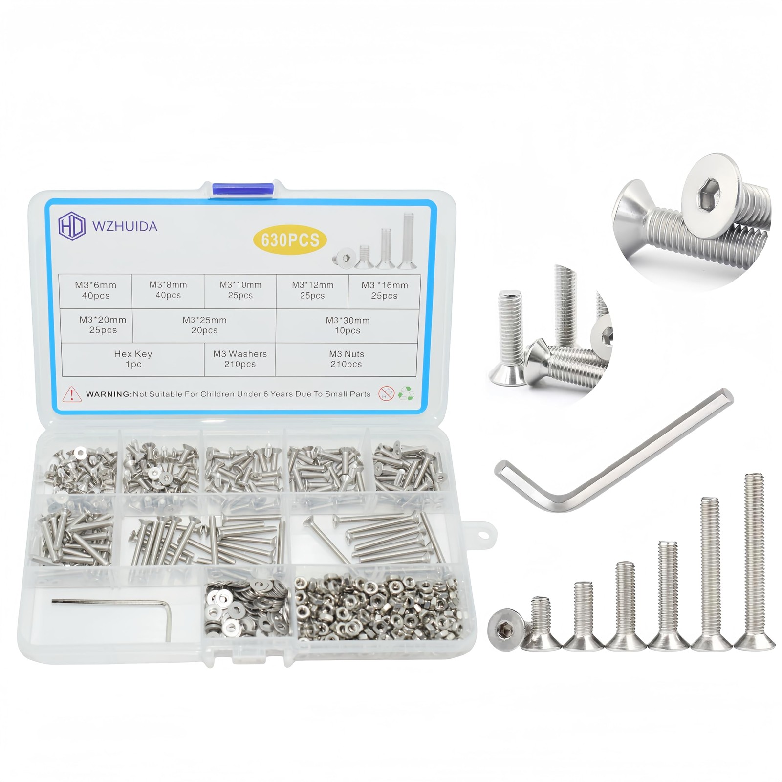 WZHUIDA 630 Pcs M3 Screws Assortment Kit, 630Pcs, Sliver