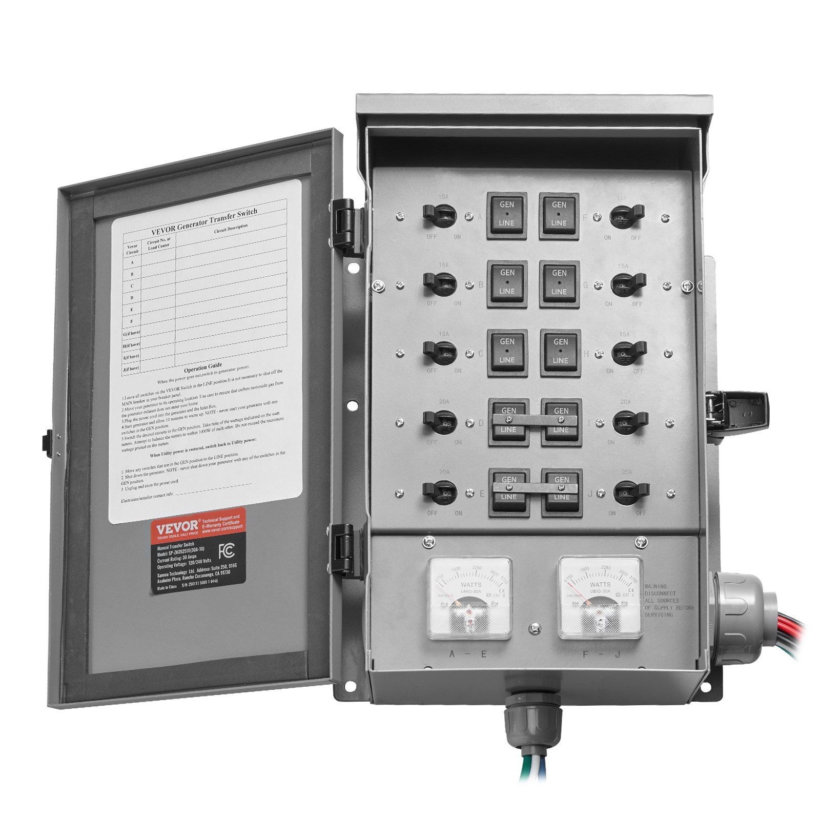 Manual Generator Transfer Switch: 30A, 10-Circuit, Pre-Wired, NEMA 3R Rated