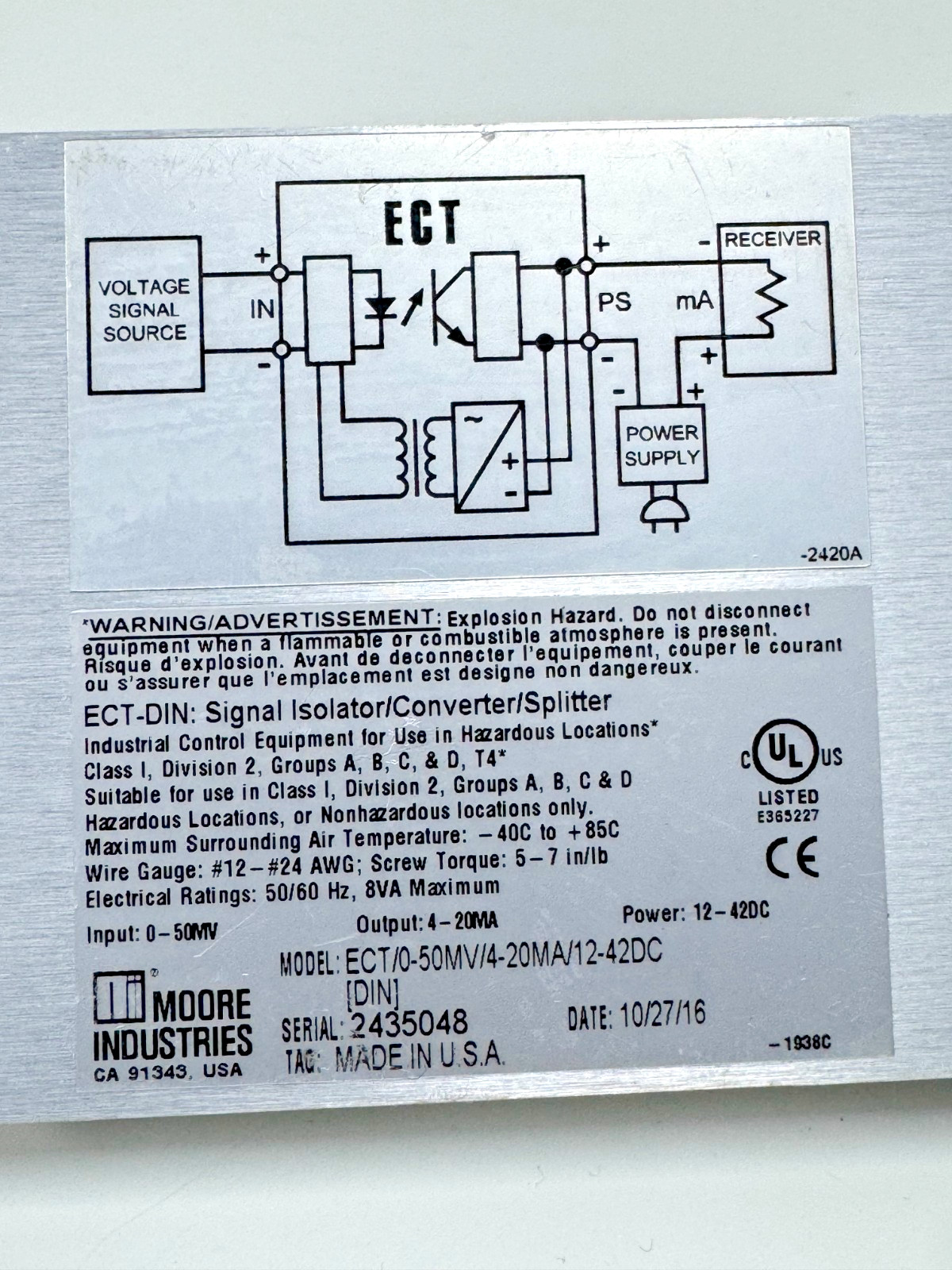 Moore Industries ECT/0-50MV/4-20MA/12-42DC DIN Signal Isolator Converter Splitte