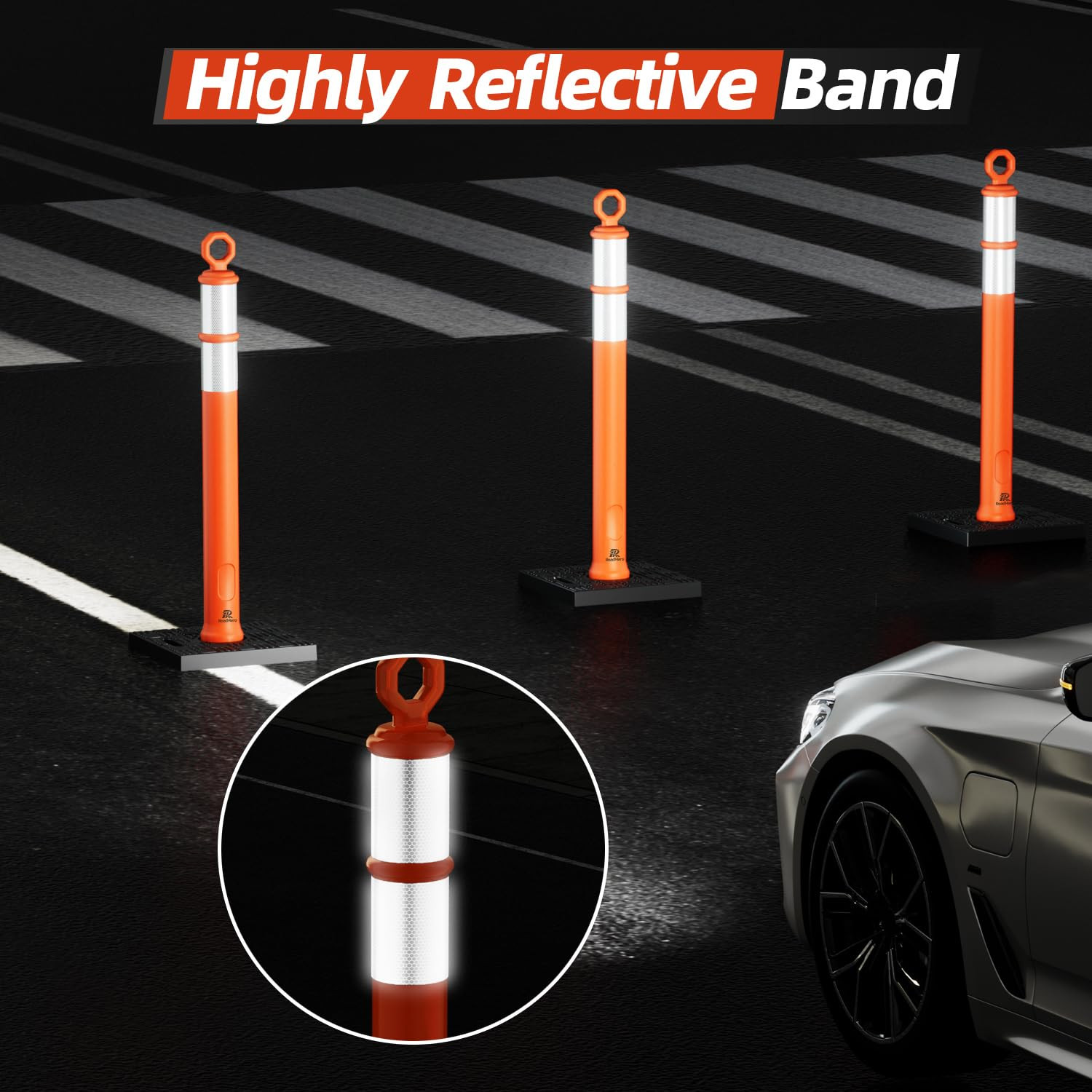 42 Inch Orange Traffic Delineator Post Cones with Base, 6 Pack | Portable Safety