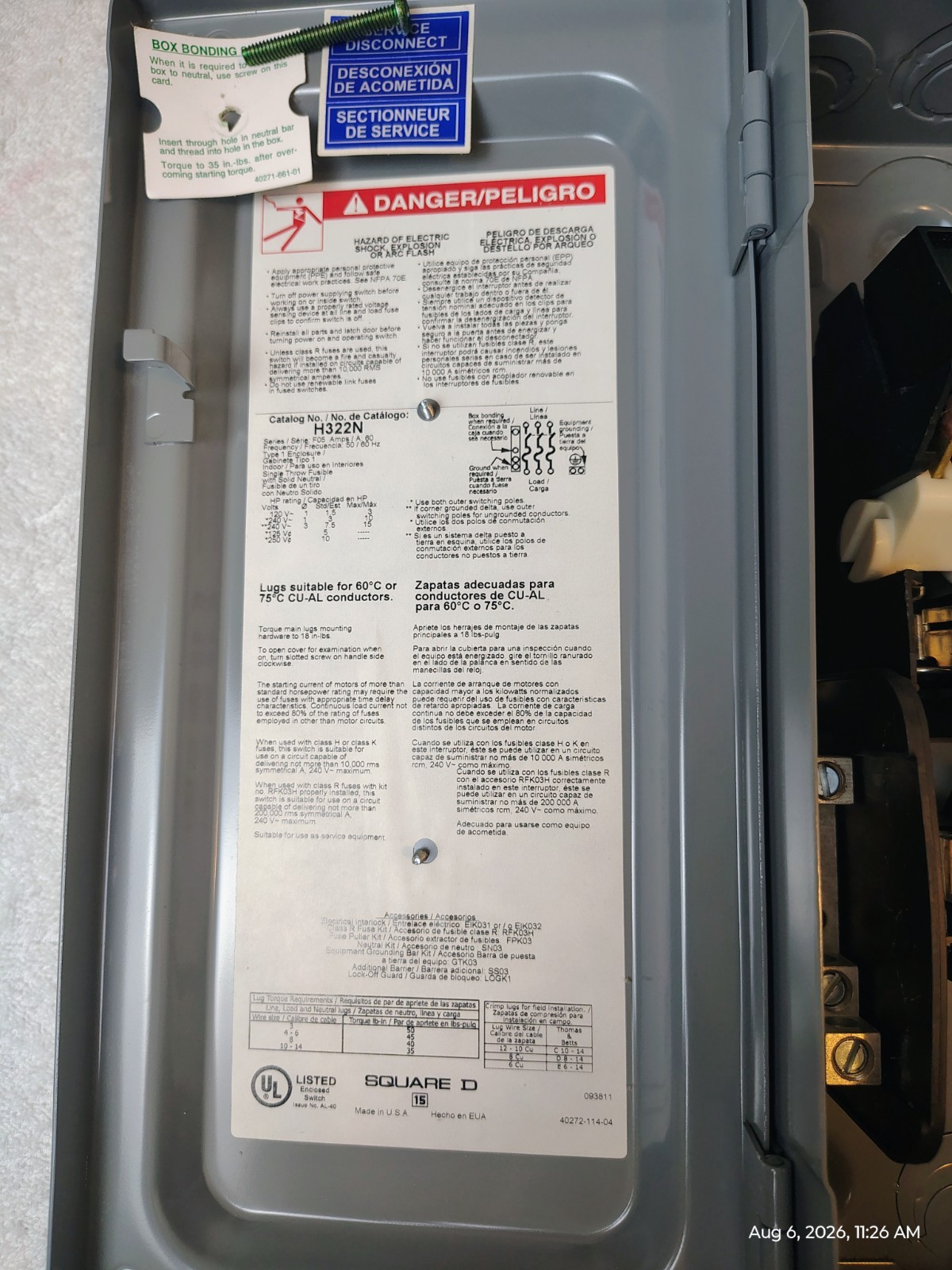 Square D Fusible Disconnect Safety Switch H322N, 240V AC, 3PH, 60A, Heavy Duty