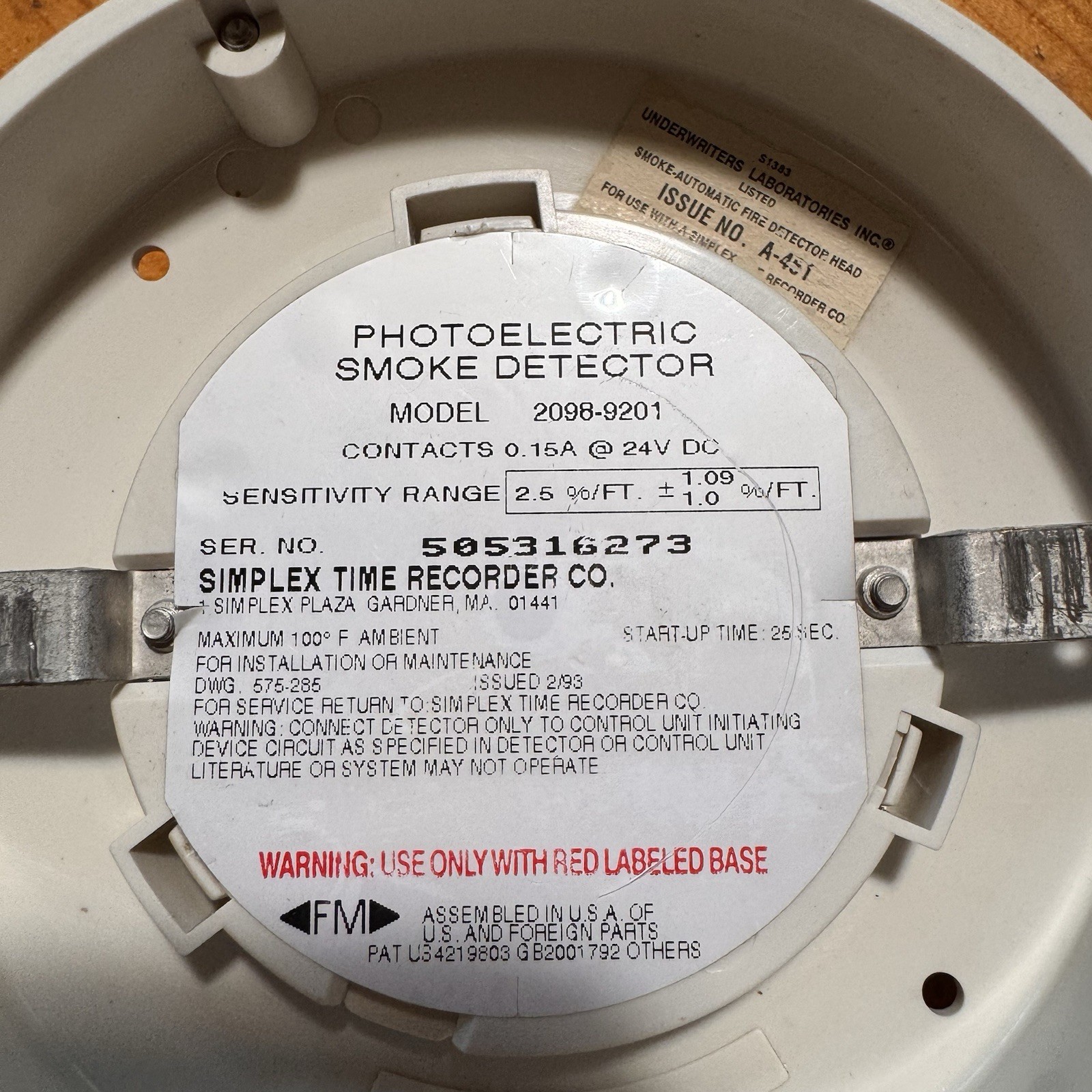 Simplex 2098-9201 Fire Alarm Photoelectric Smoke Detector Head TESTED & WORKING