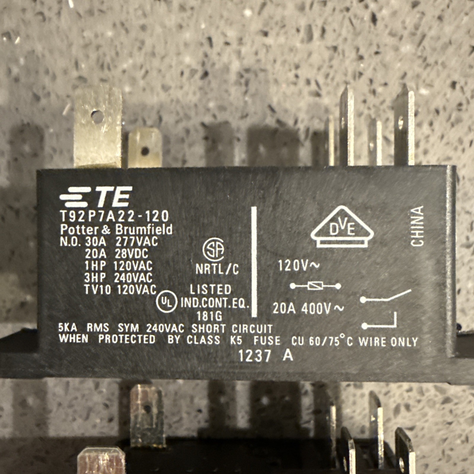 (2) TYCO POTTER & BRUMFIELD T92P7A22-120 RELAYS 30A 120VAC