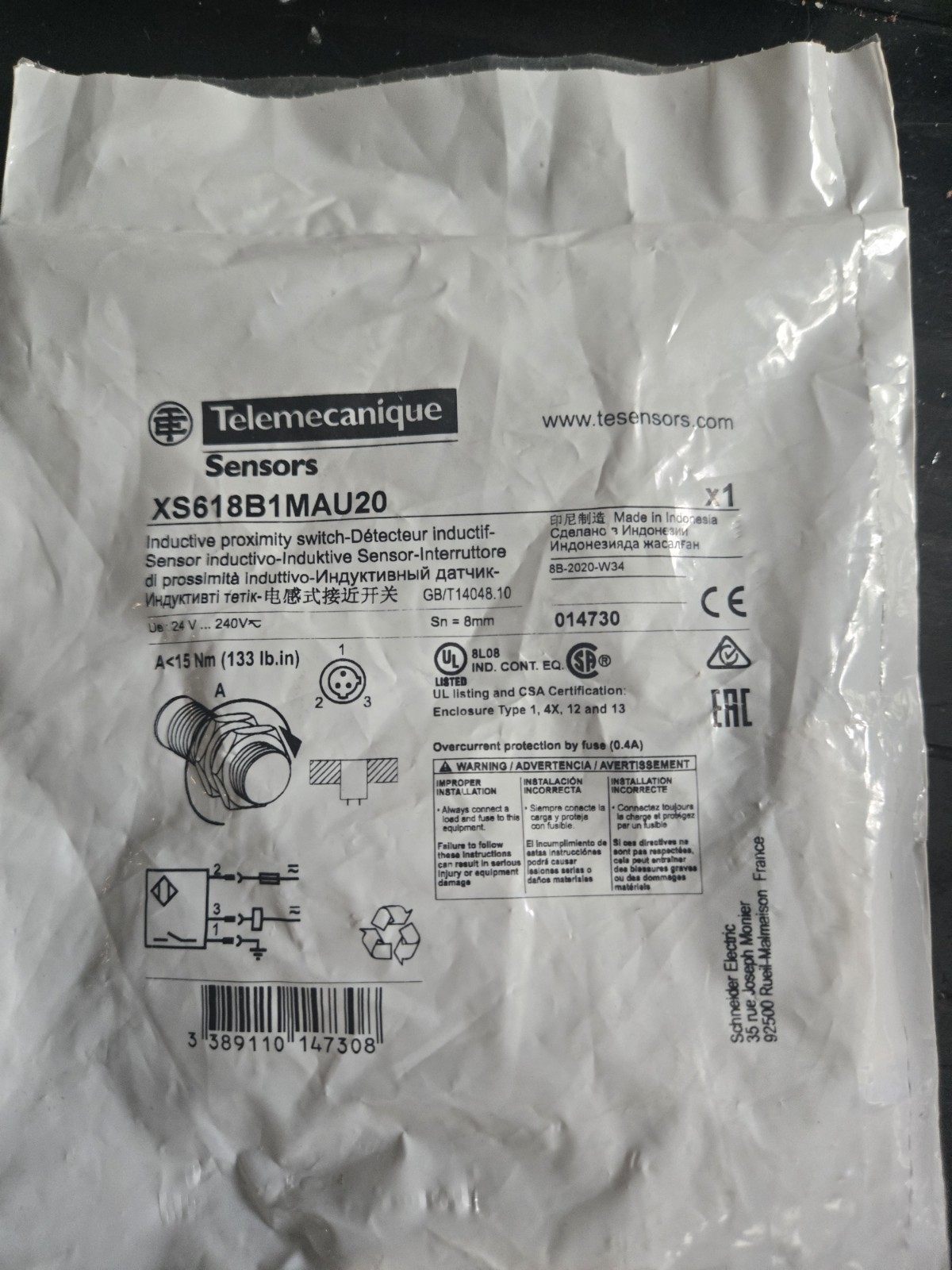 Telemecanique Inductive Proximity Sensor XS618B1MAU20 24-240V 200mA