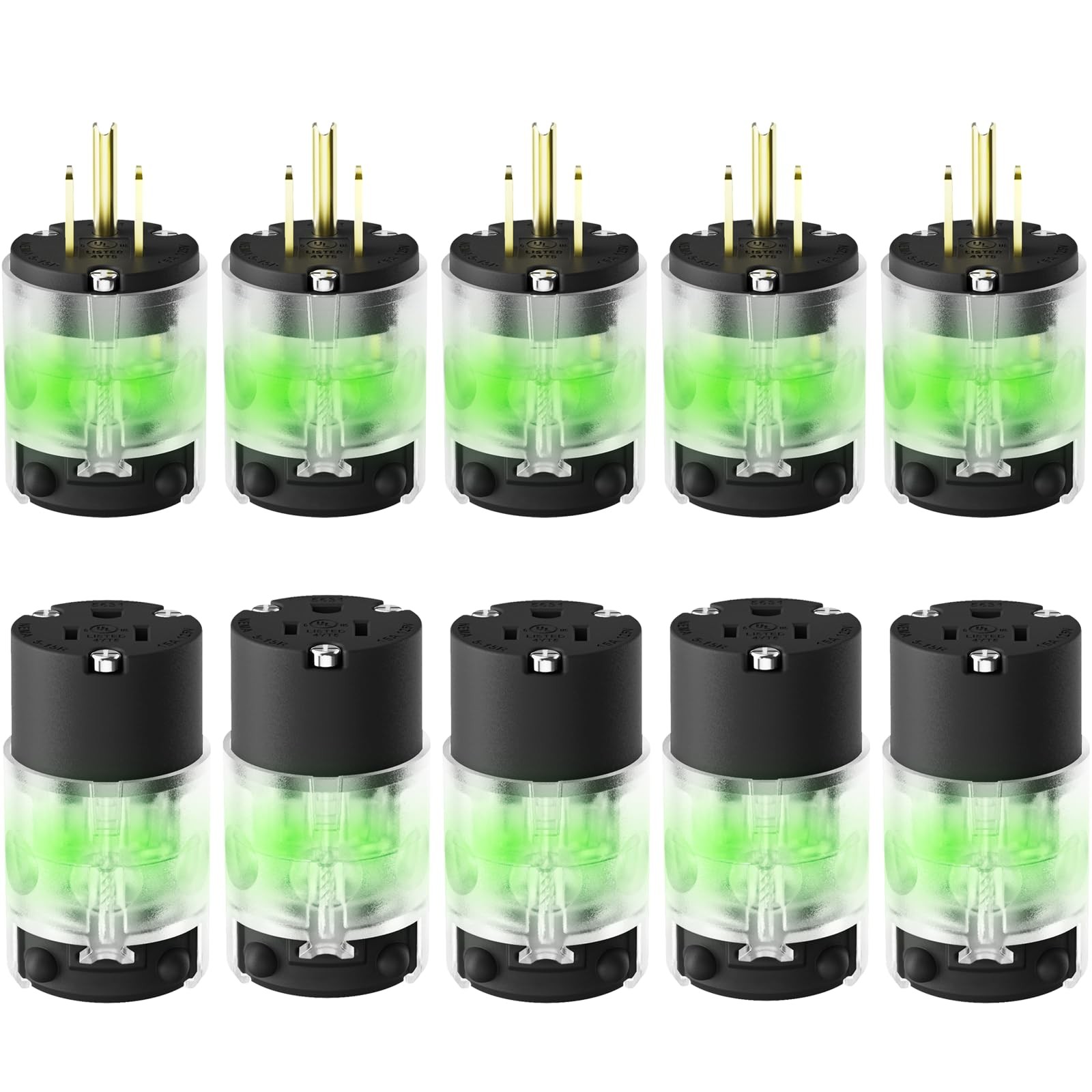 EPLESFTON 5 Set Lighted Extension Cord Ends, 15A 125V Black