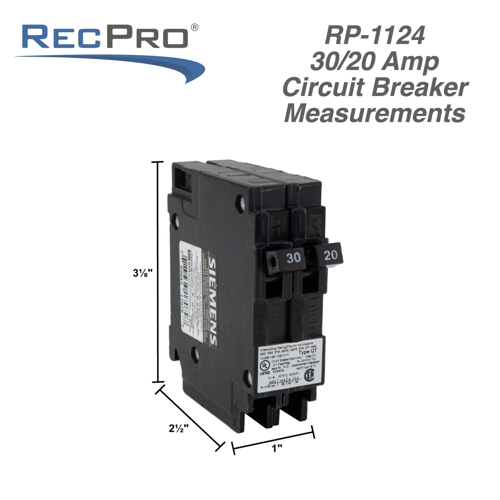 RV Circuit Breaker 30/20 Amp Twin Single-Pole 120V QT Compatible 1 Pack