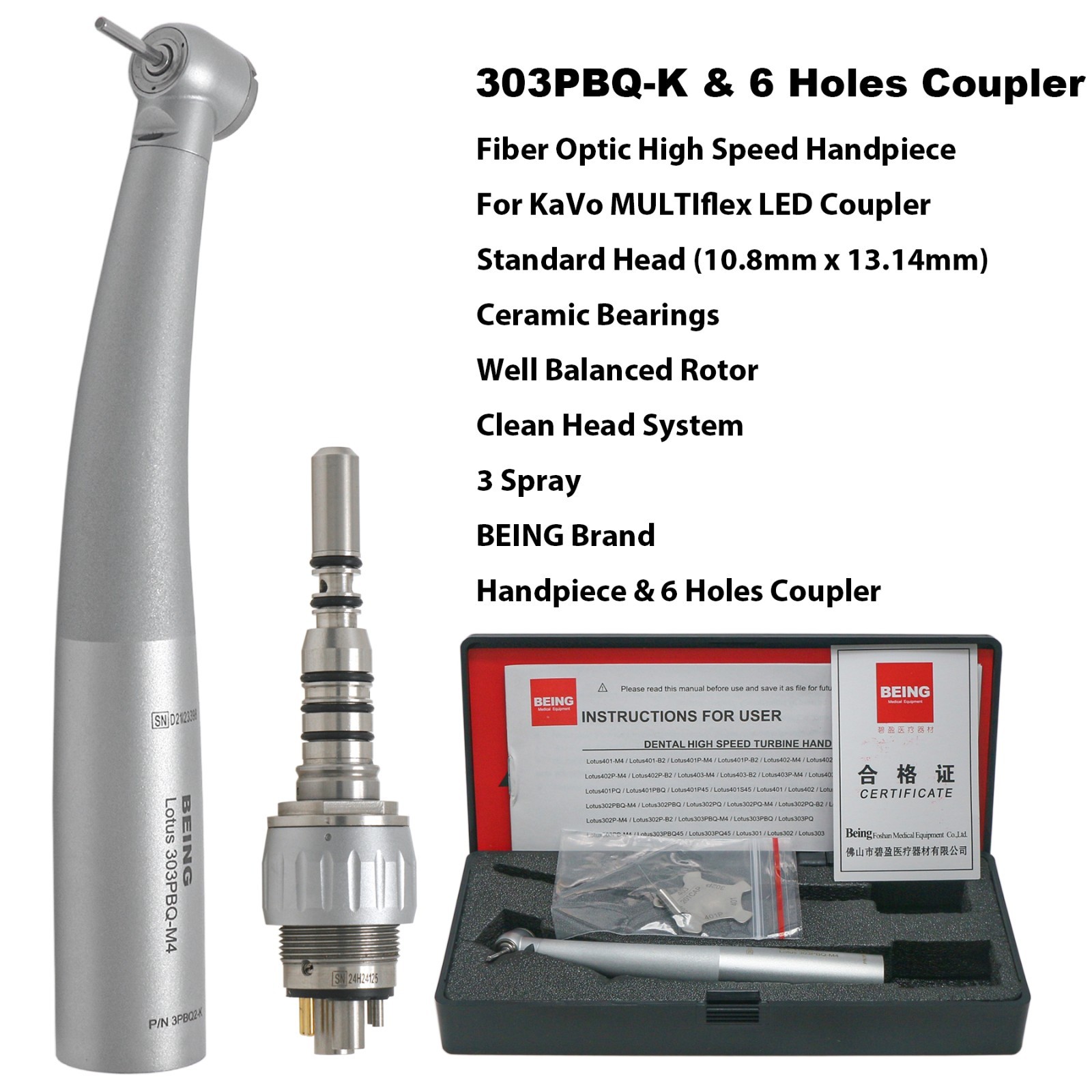 BEING Dental High Speed Fiber Optic Handpiece 4/6Hole Coupler Fit KaVo MULTIflex
