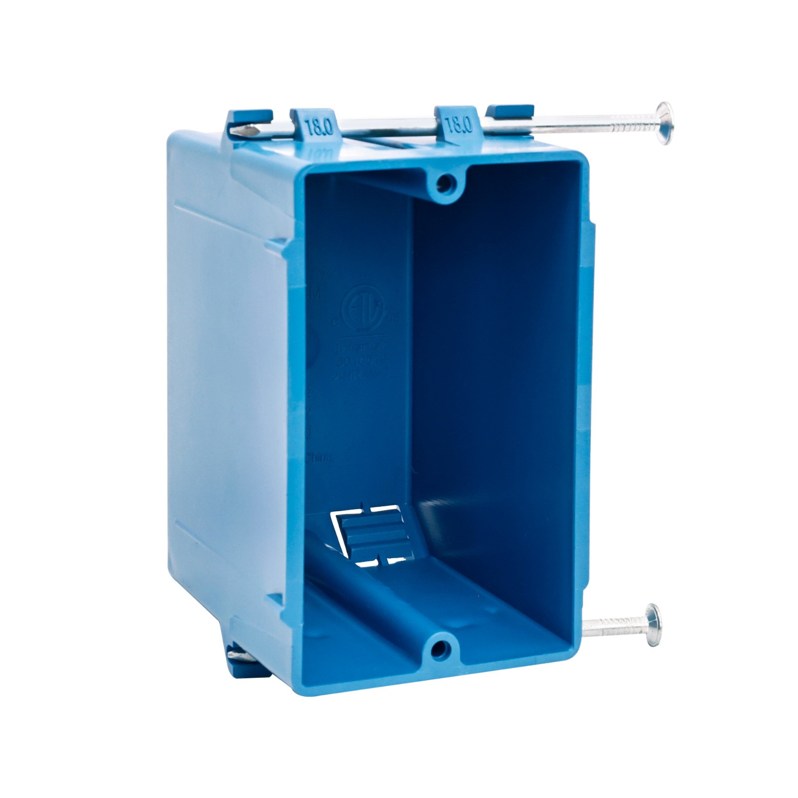 1-Gang New Work Outlet Box 18 Cu In PVC w/ Nails Knockouts ETL Listed Blue