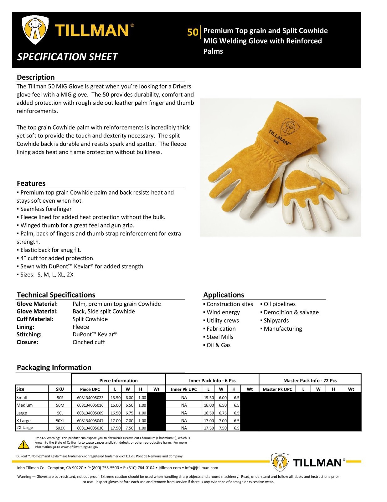 Tillman 50 Top Grain Premium Split Cowhide Fleece Lined MIG Welding Gloves