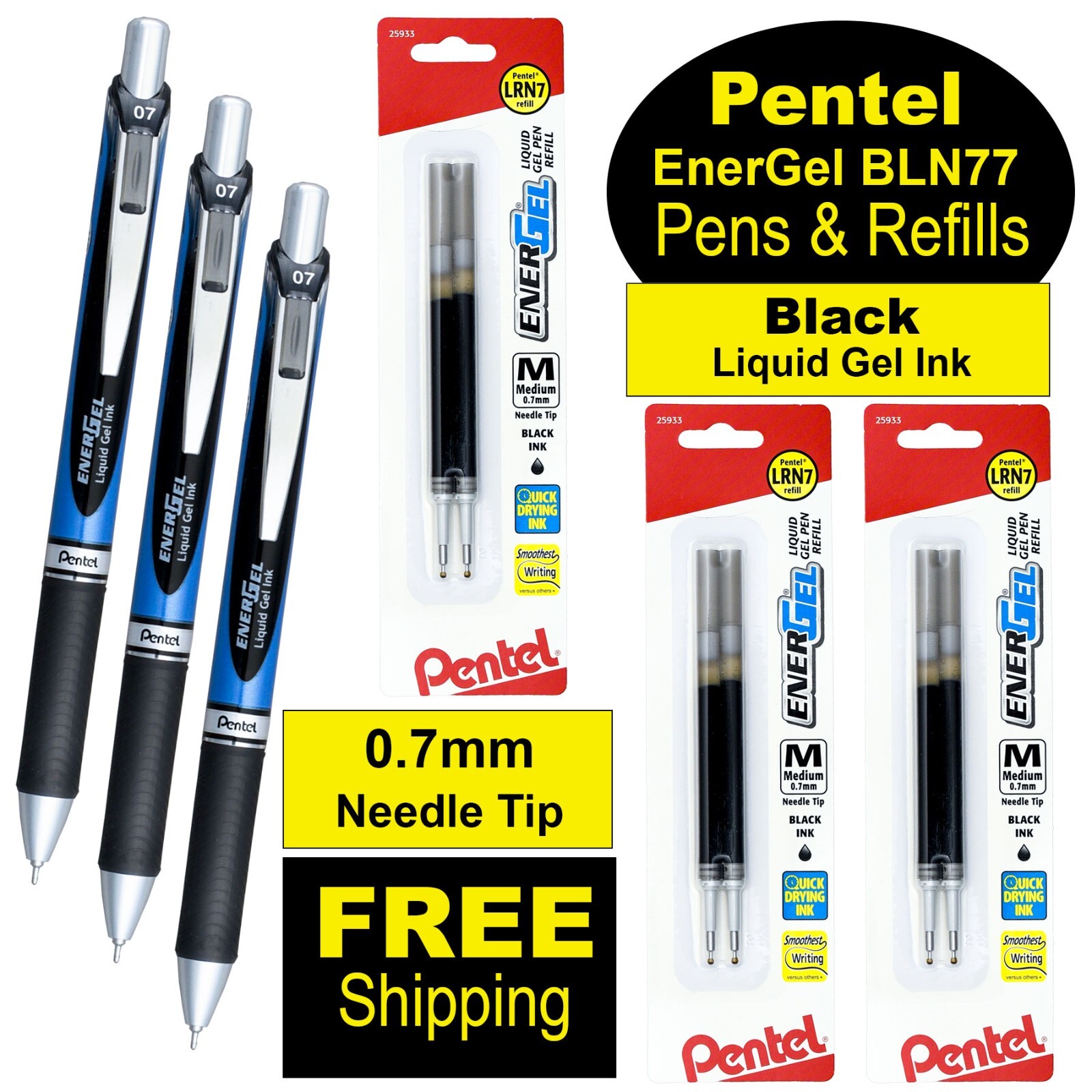 Pentel EnerGel RTX 0.7 Needle Tip BLN77-A Black Liquid Gel Ink Pens & Refills