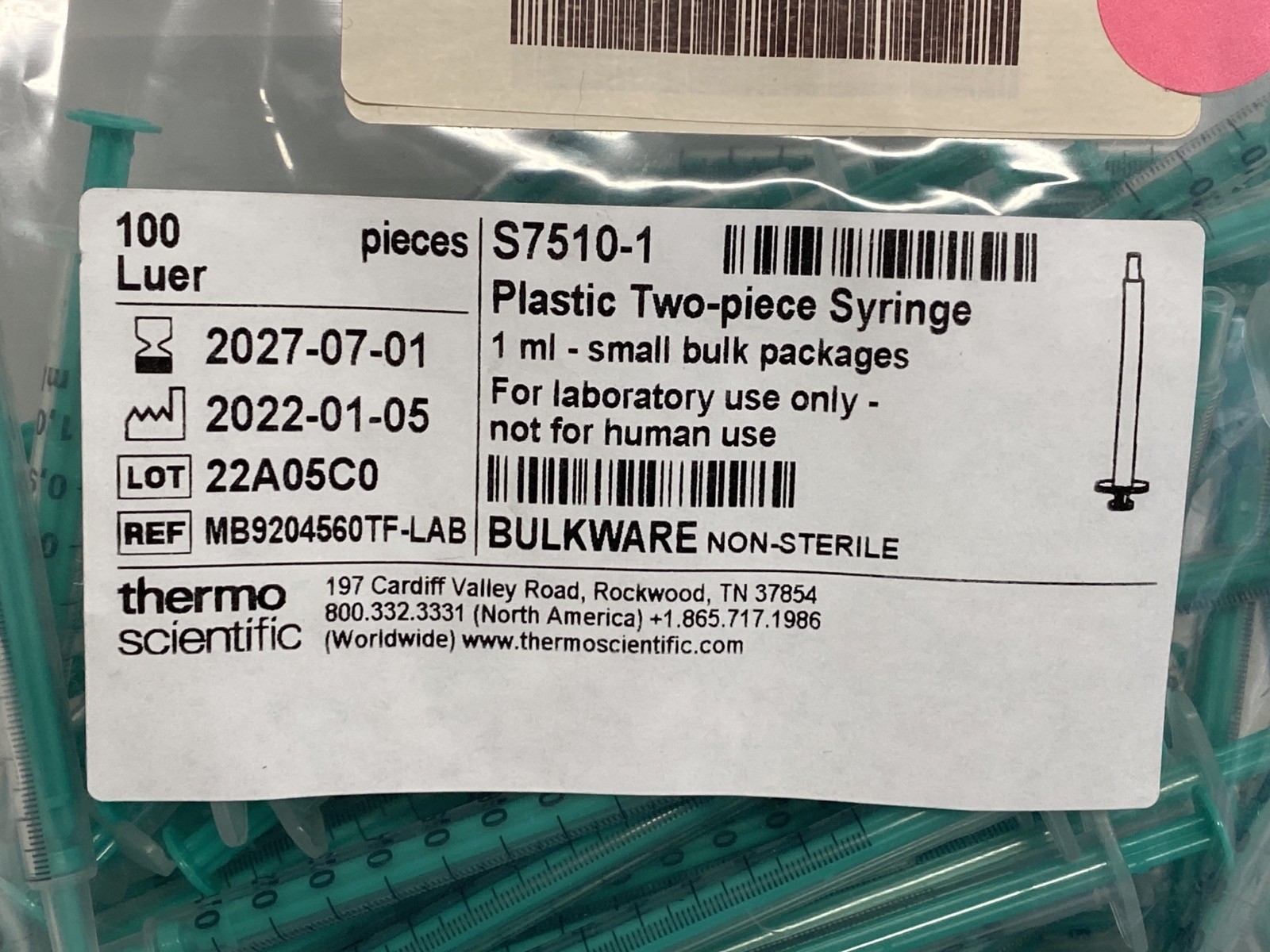 (100/Pk) THERMO National Target 1mL Plastic Graduated Syringes Slip Tip S7510-1