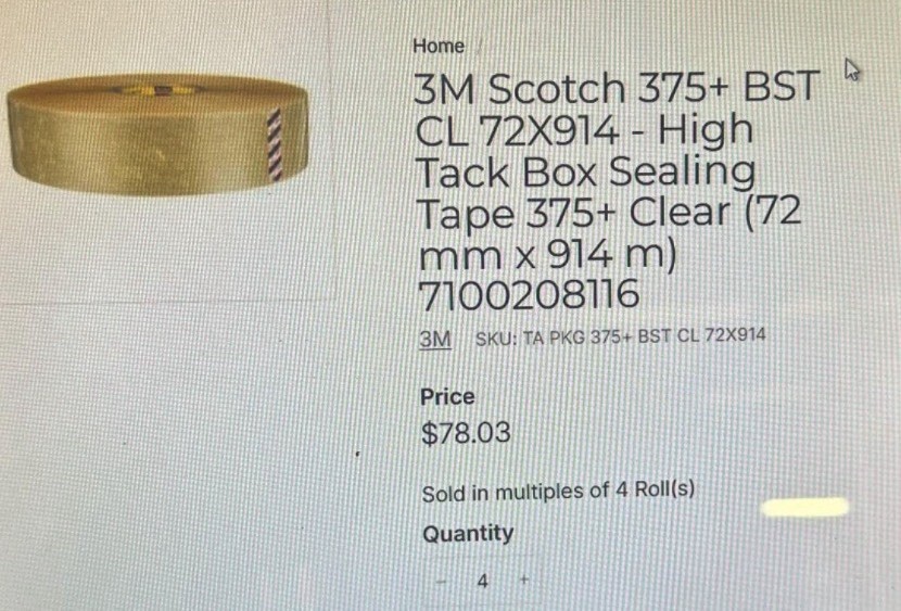3M Scotch 375+ High Tack Box Sealing/Shipping Tape Clear 72mmX914m 4 Rolls/Case