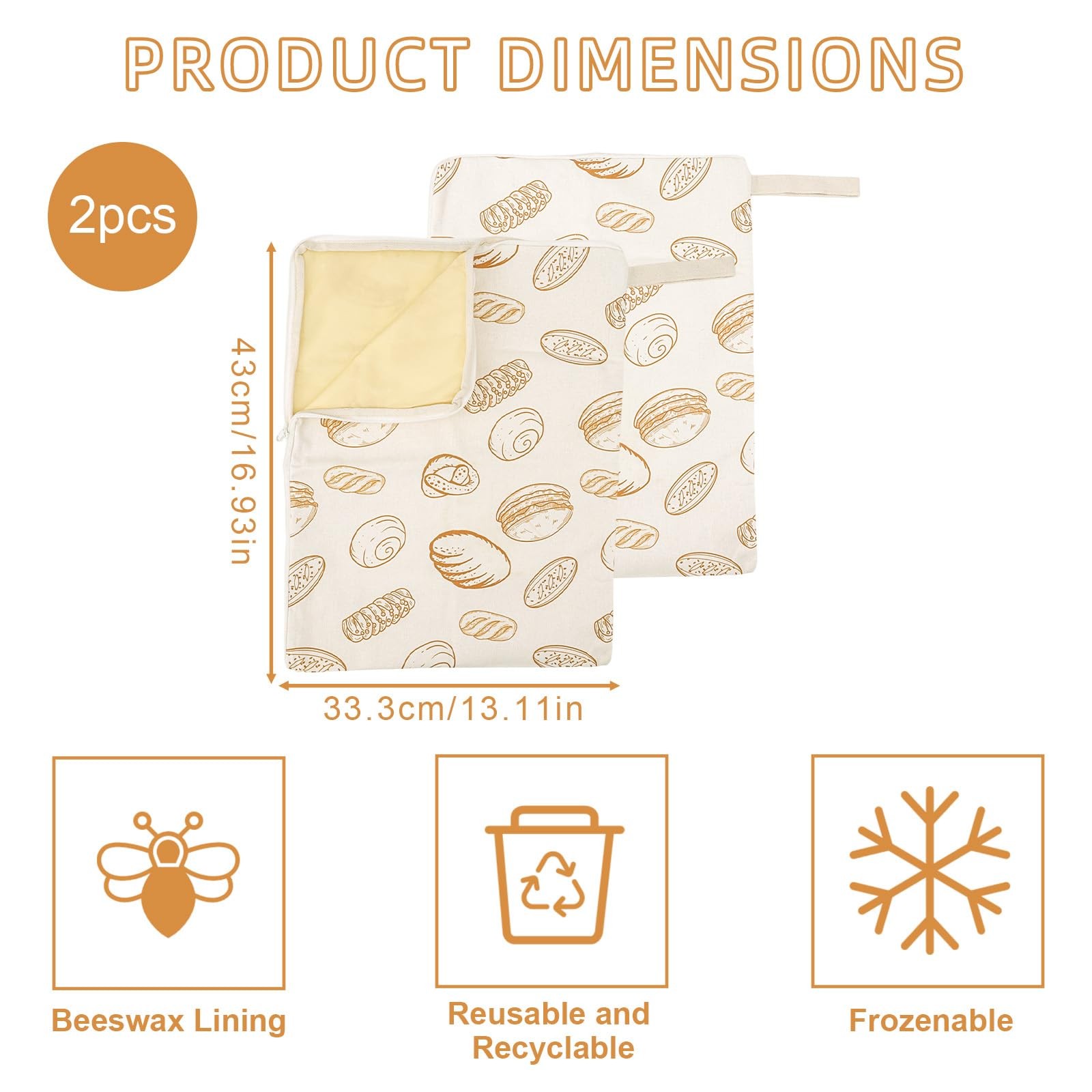 2pcs Wide Zipper Access Beeswax Bread Bag, 16.93 x 13.11 inches, brown, white