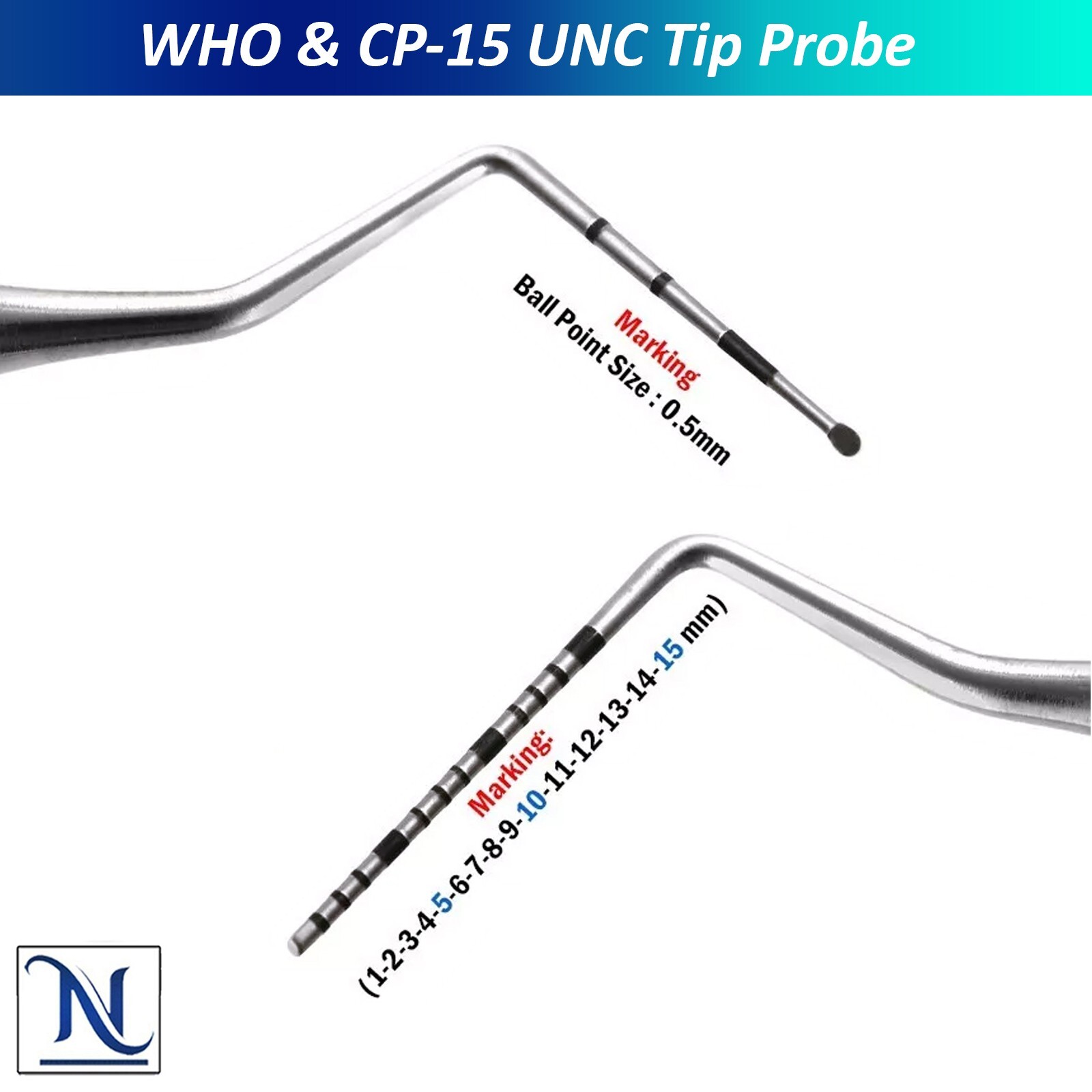 WHO Ball End Dental Probe CP-15 UNC for Periodontal Measurement Probes 7Pcs Set