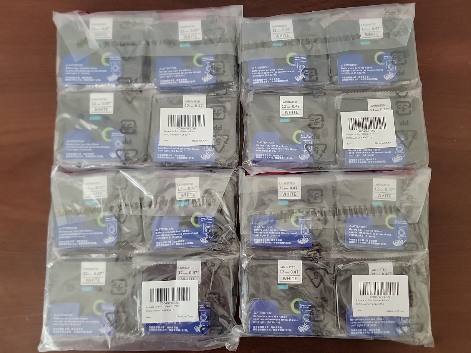 Lot Of 16 Laminated Label Tape 12mm 0.47″ White 231 Black Ink Cartridge P-Touch