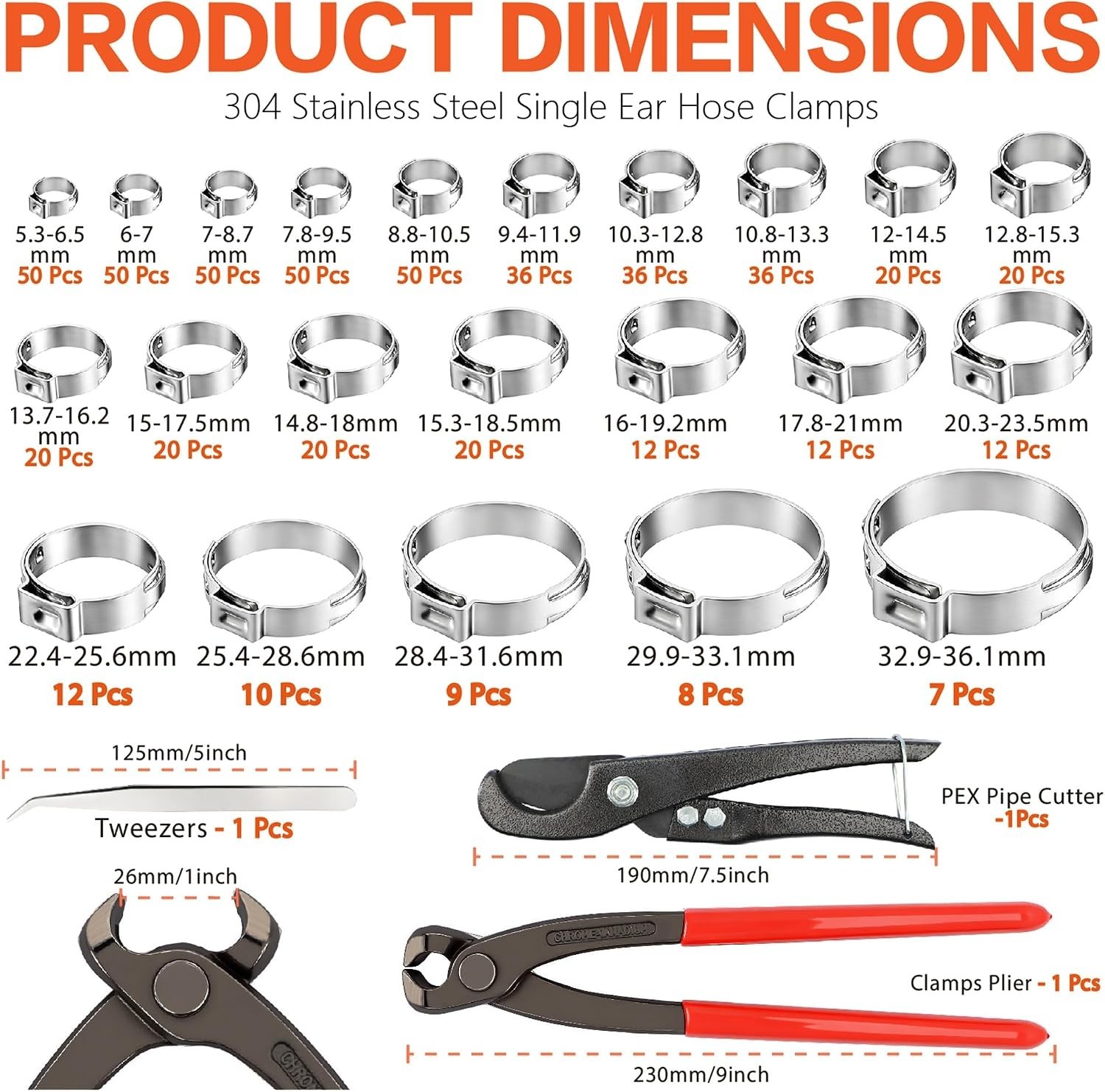 560 Pcs Single Ear Hose Clamp Kit With Pliers 22 Sizes 304 Stainless Steel