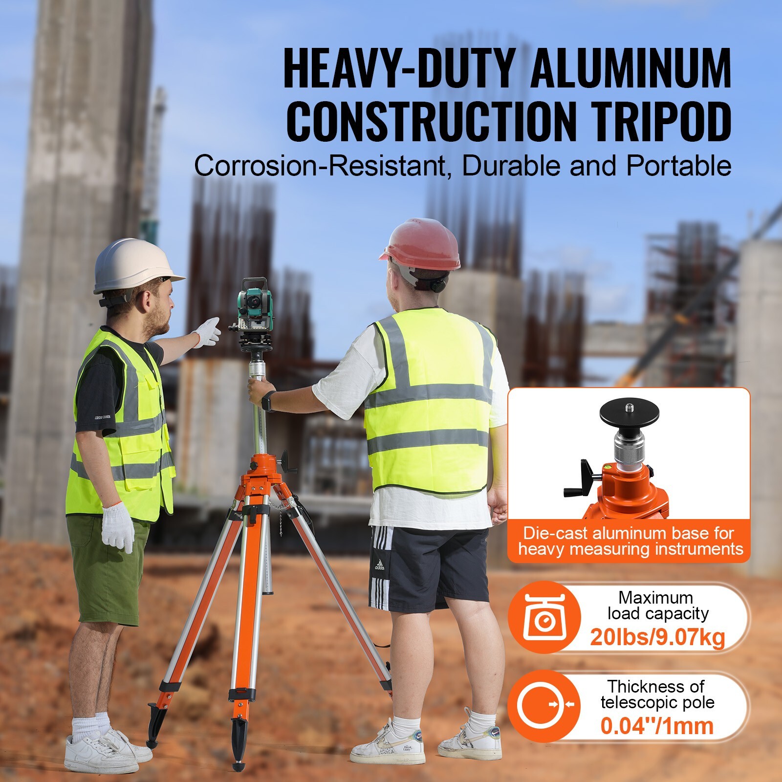 VEVOR Laser Level Tripod Stand 5/8″-11 Thread 45.07-114.37 in Height Adjustment