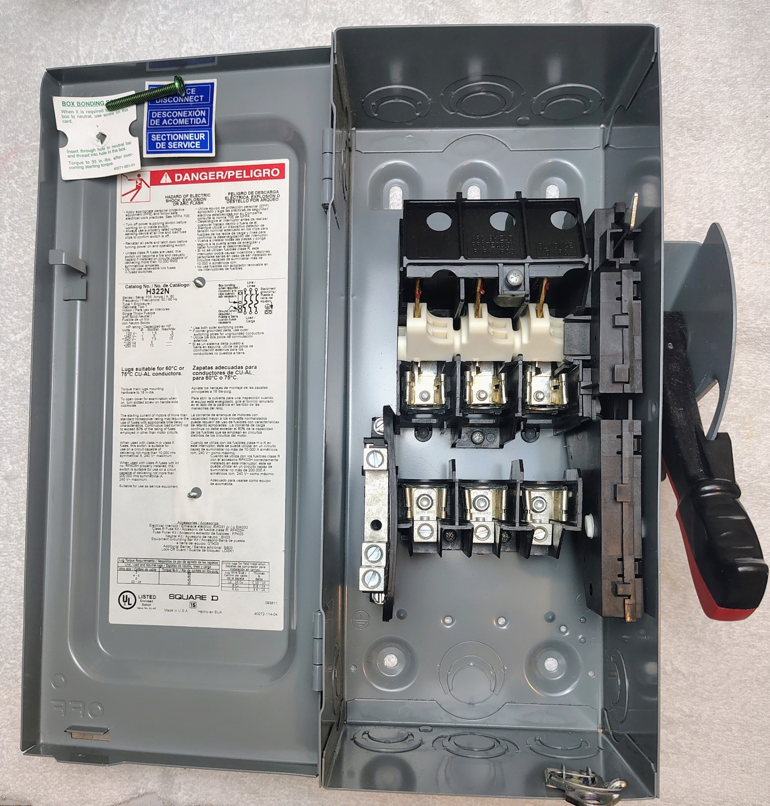 Square D Fusible Disconnect Safety Switch H322N, 240V AC, 3PH, 60A, Heavy Duty