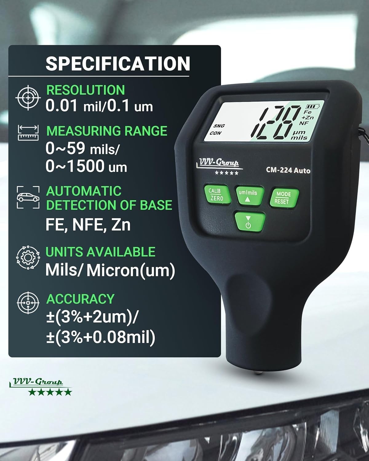 Digital Paint Thickness Gauge for Automotive Inspection with Backlit LCD Display