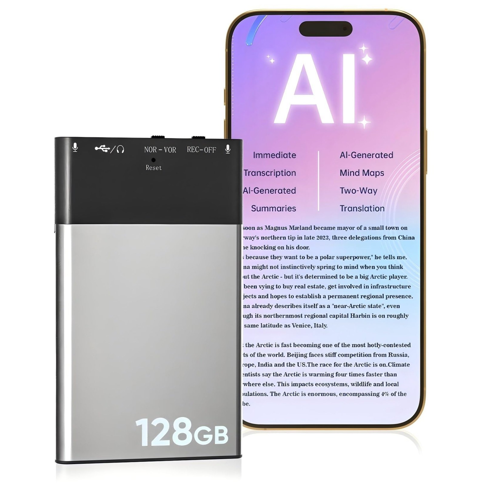 128GB AI Voice Recorder, Note Voice Recorder – Transcribe & Summarize, AI Noi…