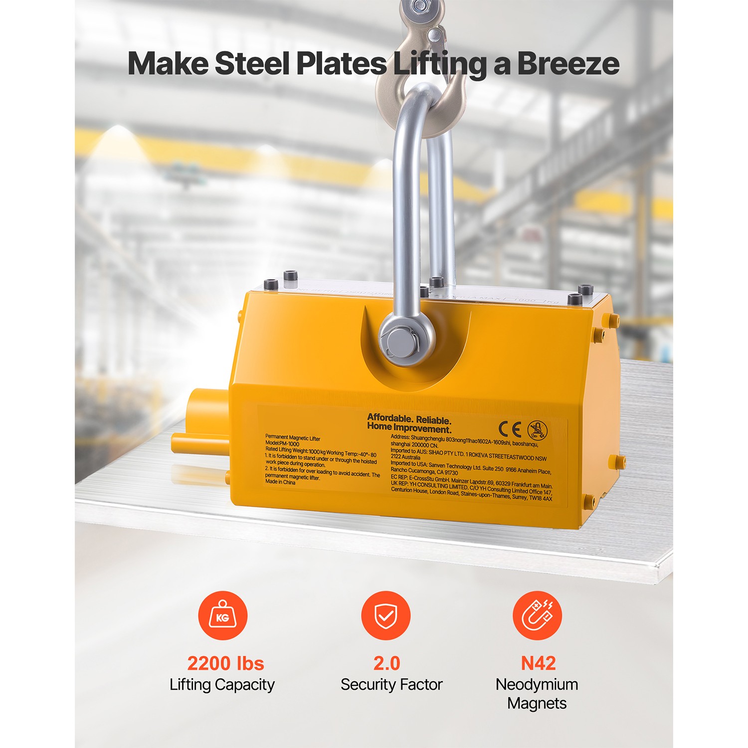 Uimoso Permanent Magnetic Lifter with 2200 lbs Load Capacity, N42 Magnet