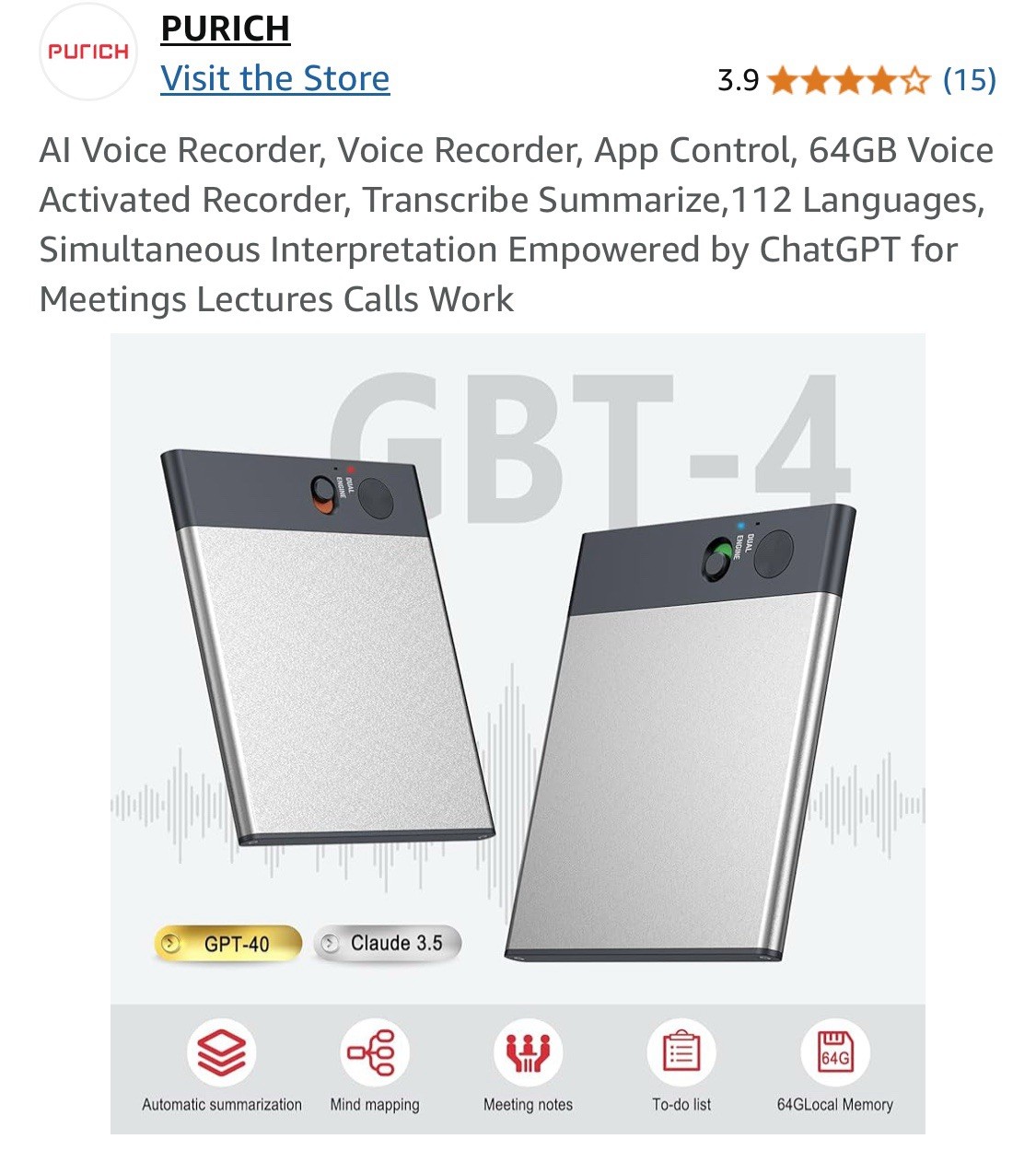 Note AI Voice Recorder w/APP Control Bluetooth Aluminum Alloy 64GB Black ChatGTP