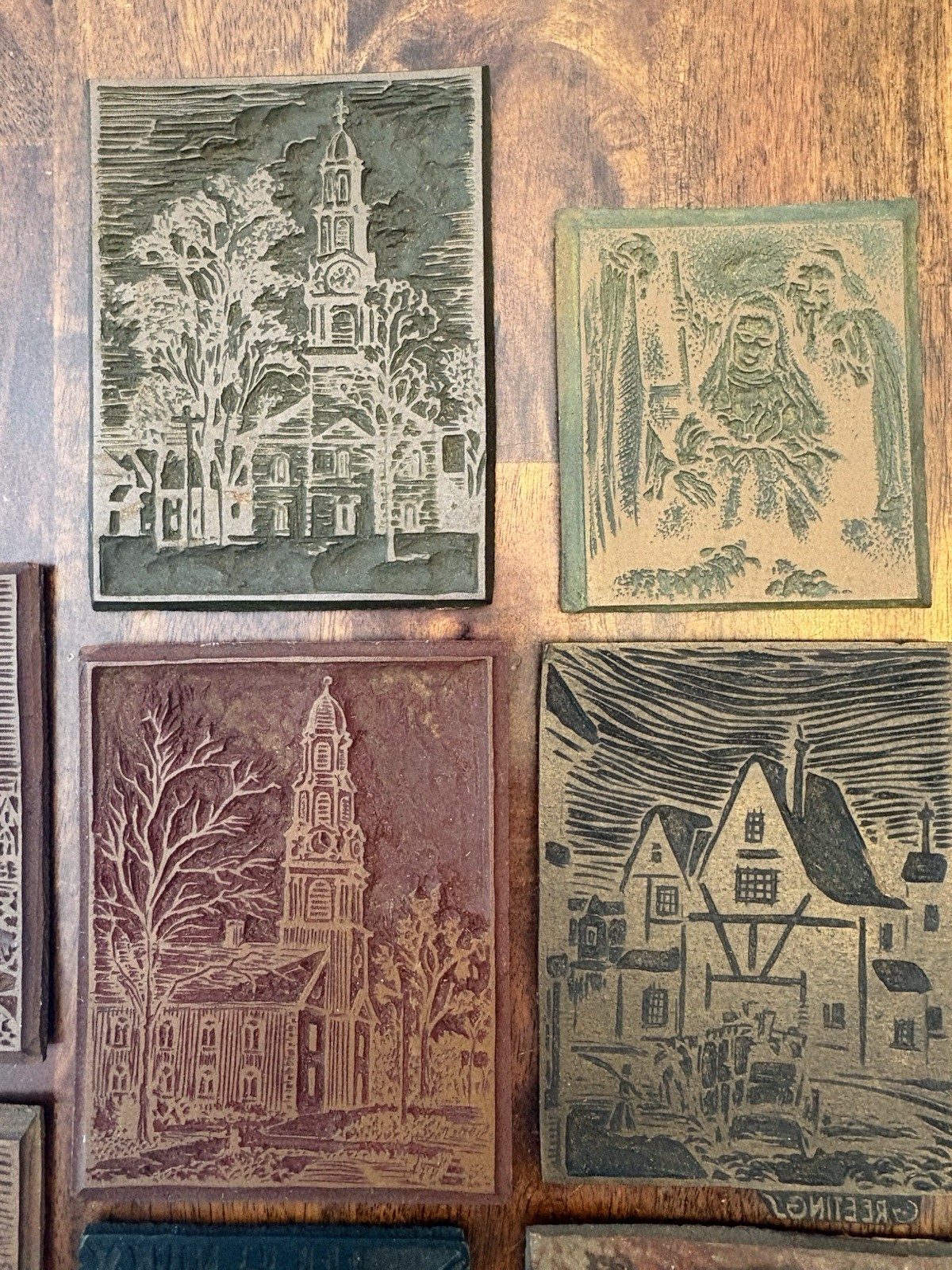 Lot Of 8 Vintage Carved Printing Blocks Religious Sailing