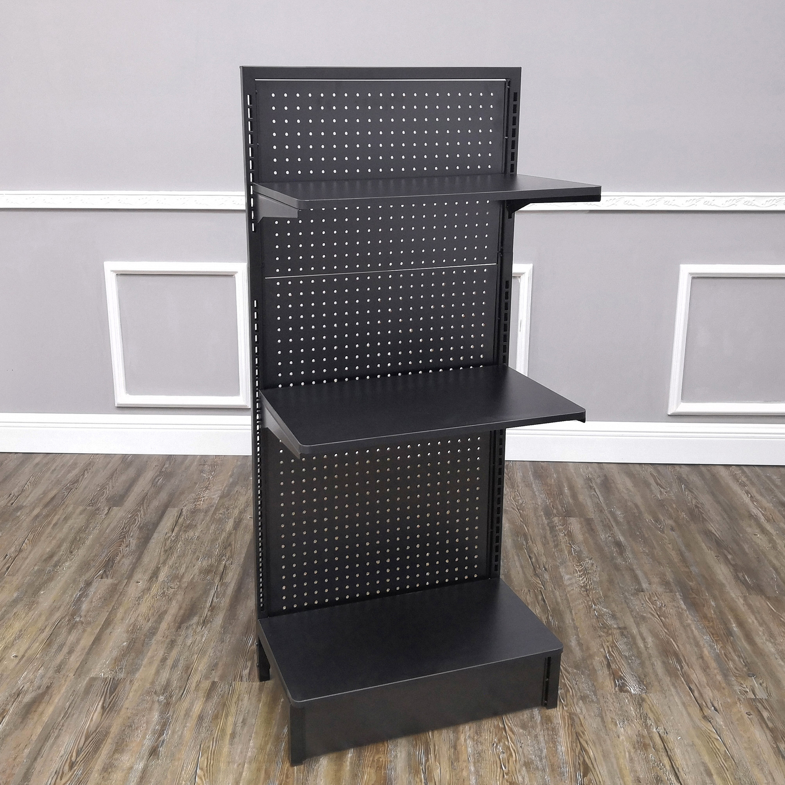 24.0″ Wide Gondola Rack Stand with Two Shelves Black Pegboard Display