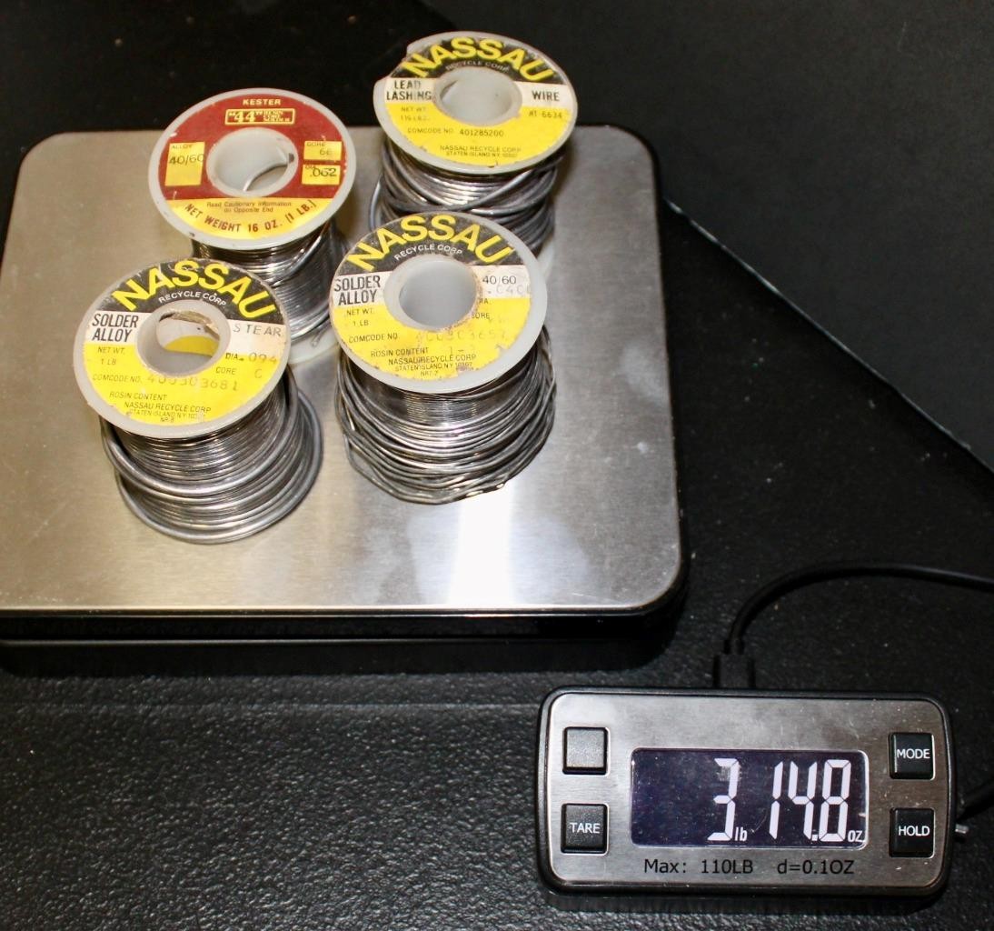 FOUR SPOOLS OF NASSAU, KESTER SOLDER & LEAD LASHING LOT • TOTAL 3 LB. 14 OZ.