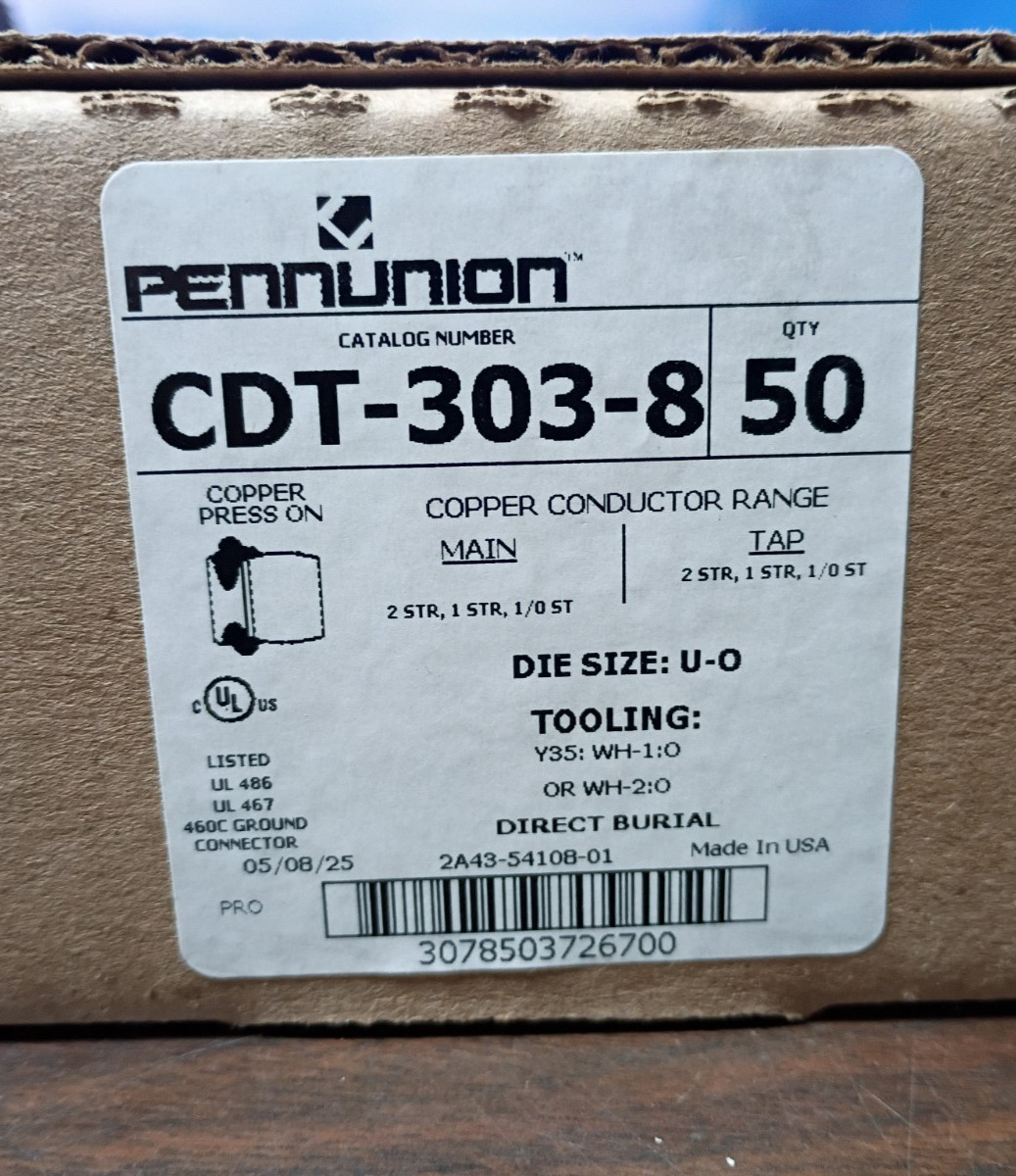 PENN-UNION CDT-303-8 COPPER COMPRESSION H-TAP TYPE DOUBLE TAP NEW BOX OF 50