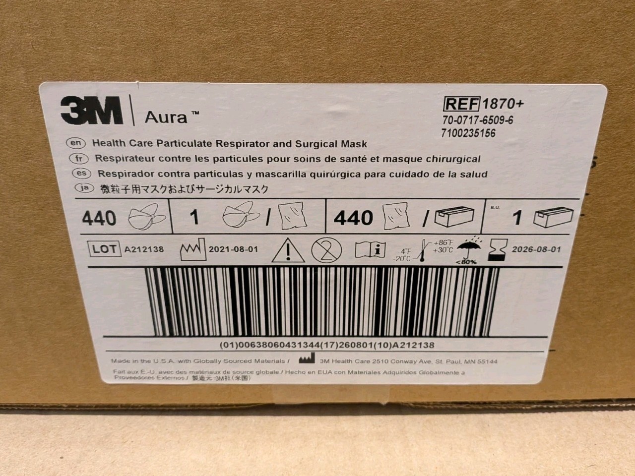 Case of 440 | 3M 1870+ Aura N95 NIOSH Respirator Face Masks EXP 8/26 | New