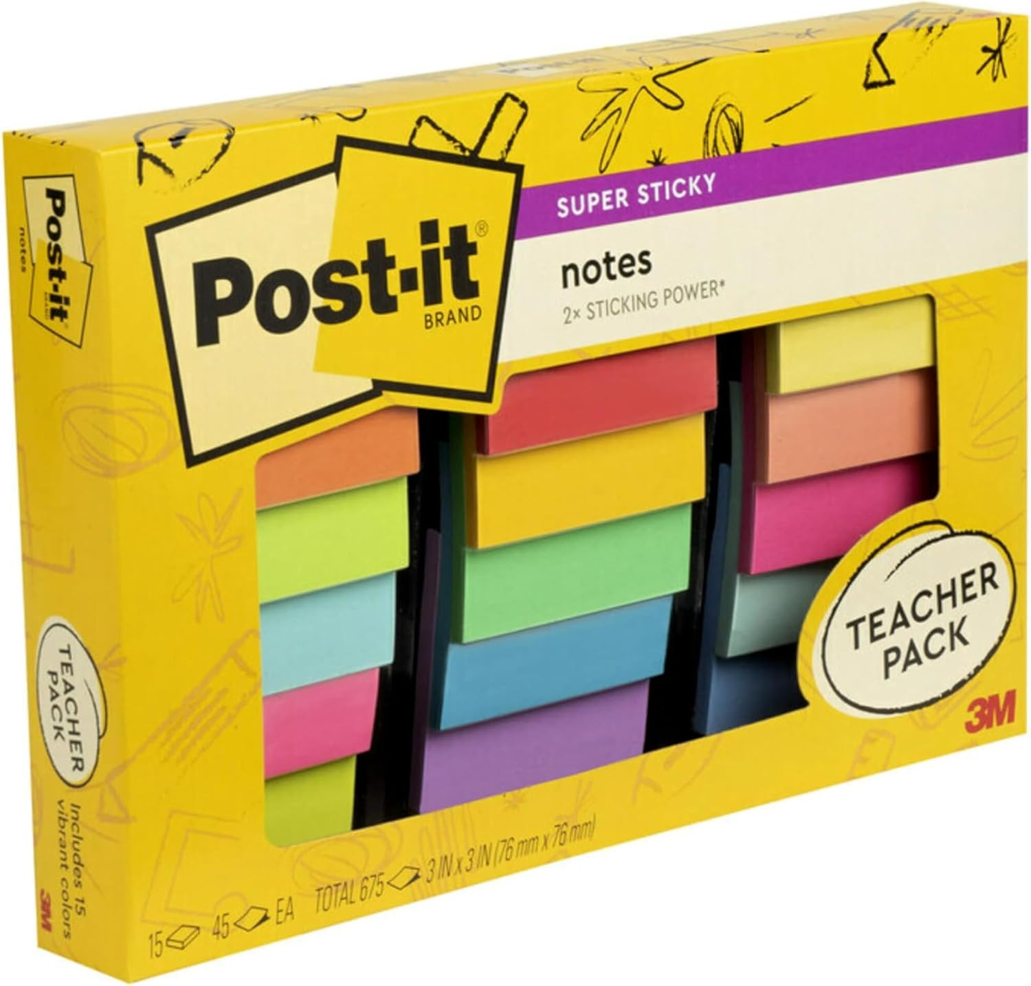 Post-it Super Sticky Notes Teacher Pack, Assorted Colors, 3 in. x 3 in., 15 P…