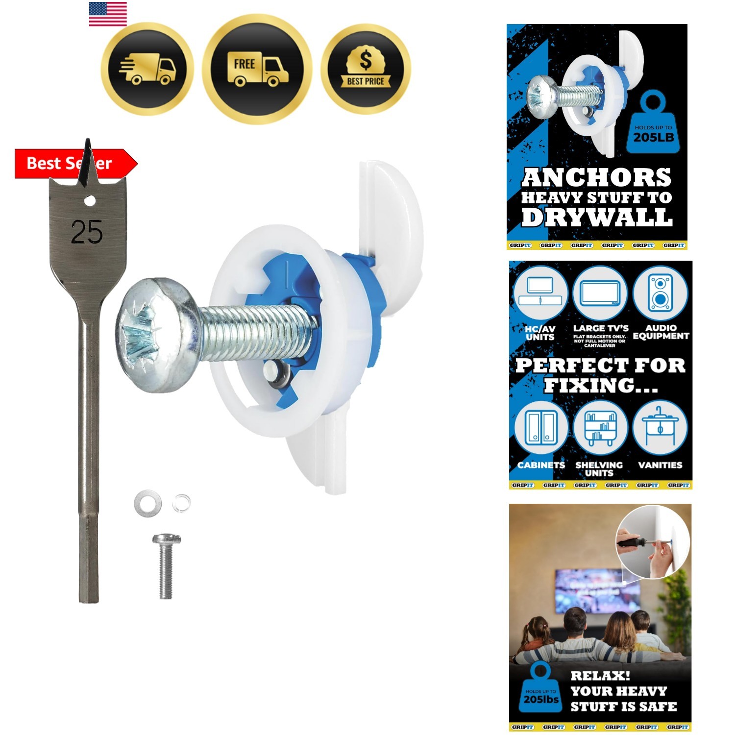 Blue Drywall Anchors | Pack of 4 Up to 205Ibs/93kg | Heavy Duty Drywall Ancho…