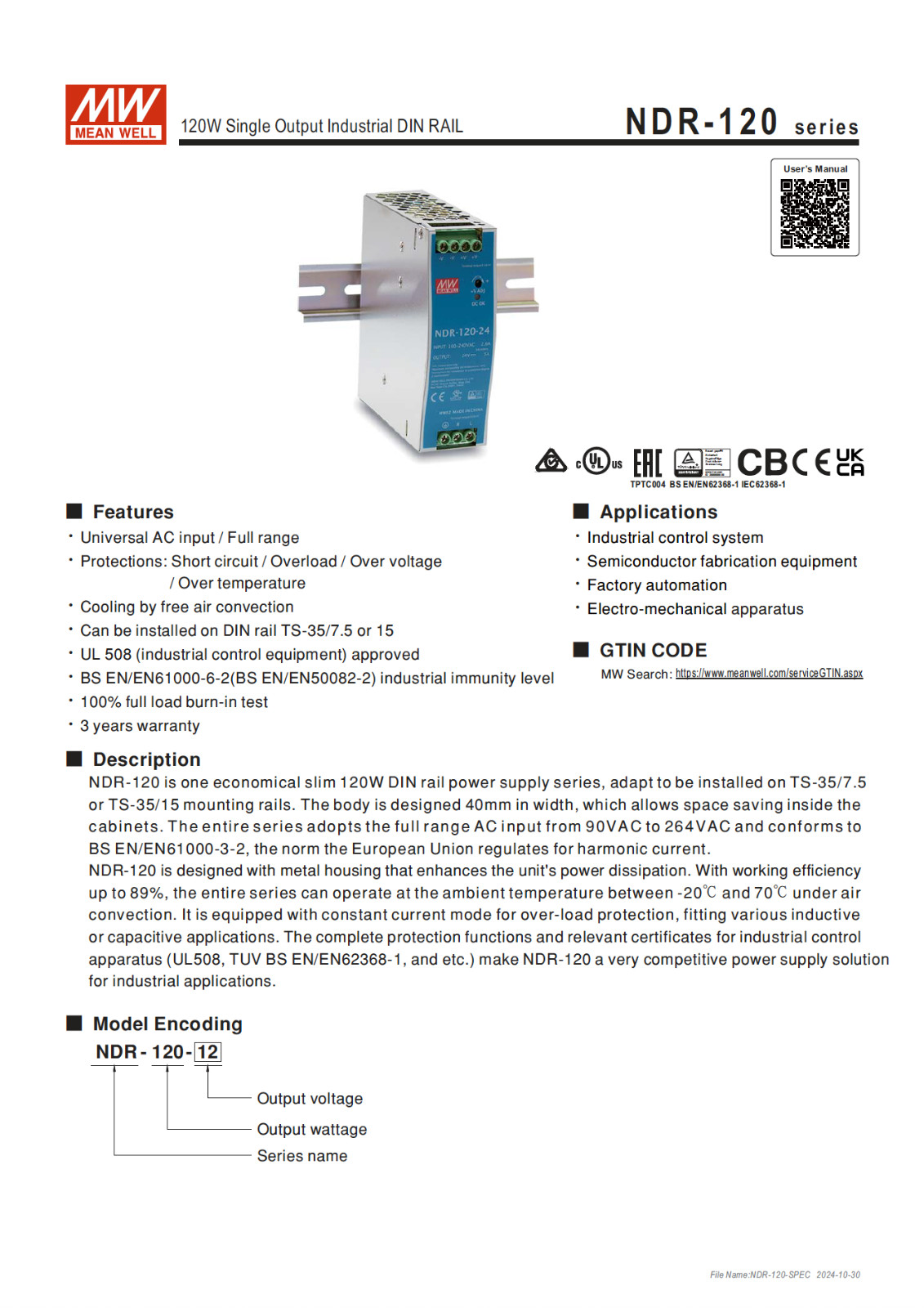 MW MEAN WELL NDR-120-24 120W / 24V DC Power Supply, DIN Rail, PFC. AC/DC Input.