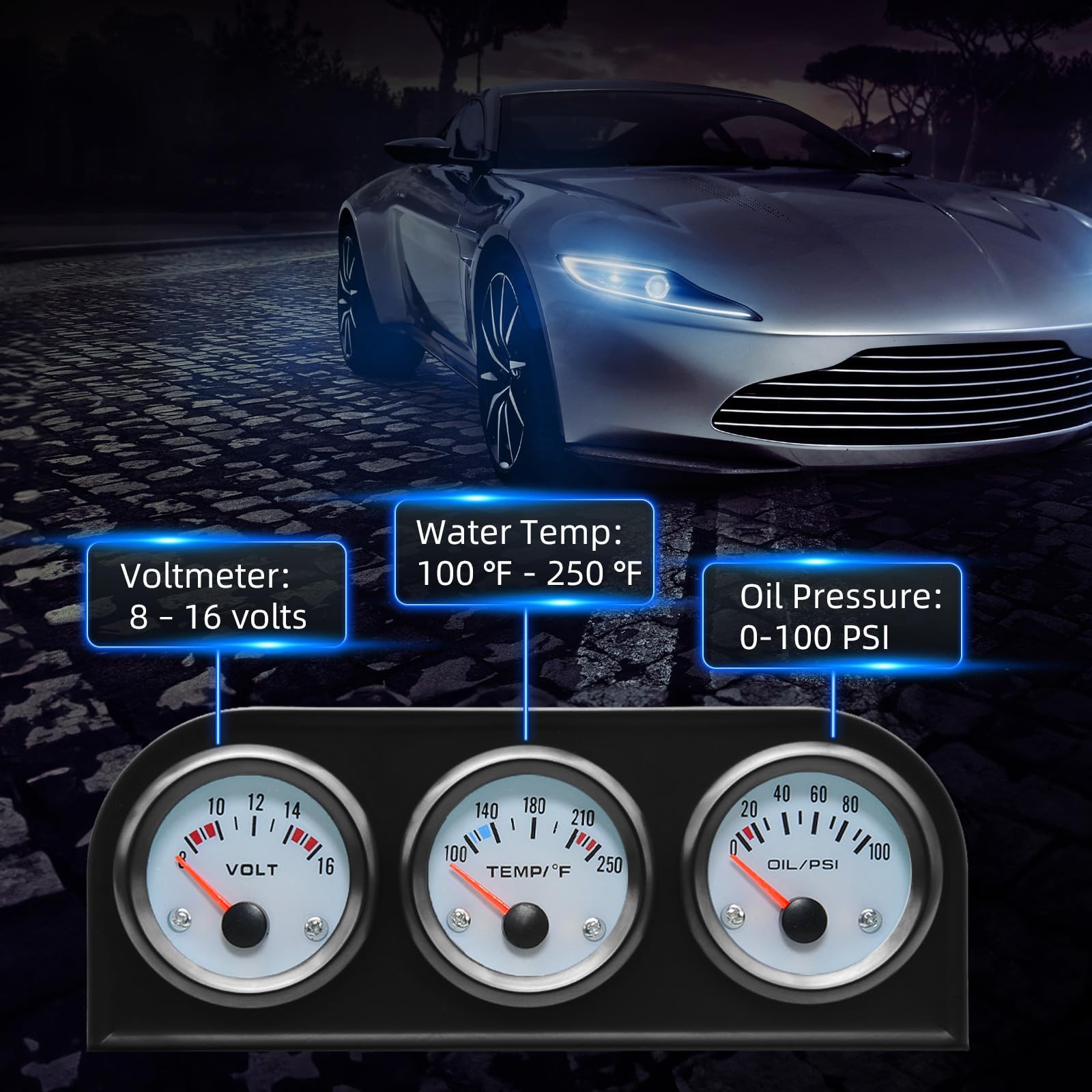 52mm Triple Gauge Set (Oil Pressure+Water Temp+Voltmeter) 3 in1 White Triple …