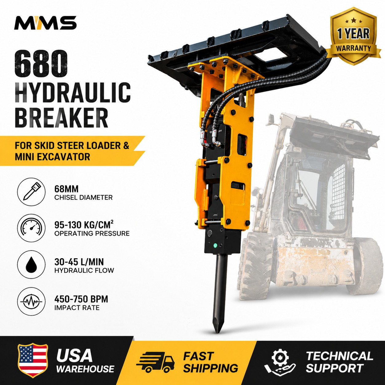 Fits Bobcat Skid Steer Loader 680 Hydraulic Hammer Concrete Breaker in USA Stock