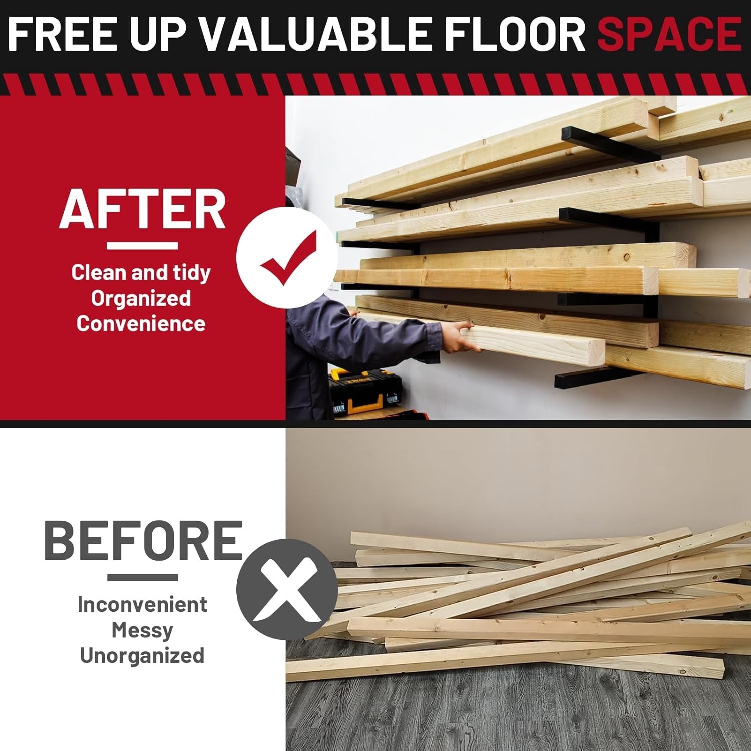 2 Pack Lumber Storage Rack 4 Level Wall Mounted Heavy Duty Wood Rack Organizer