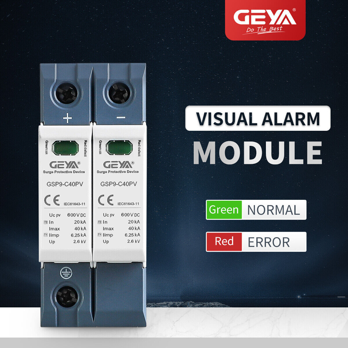 GEYA Solar PV DC SPD 2Pole 600V Surge Protector Lighting Arrester Device 40kA