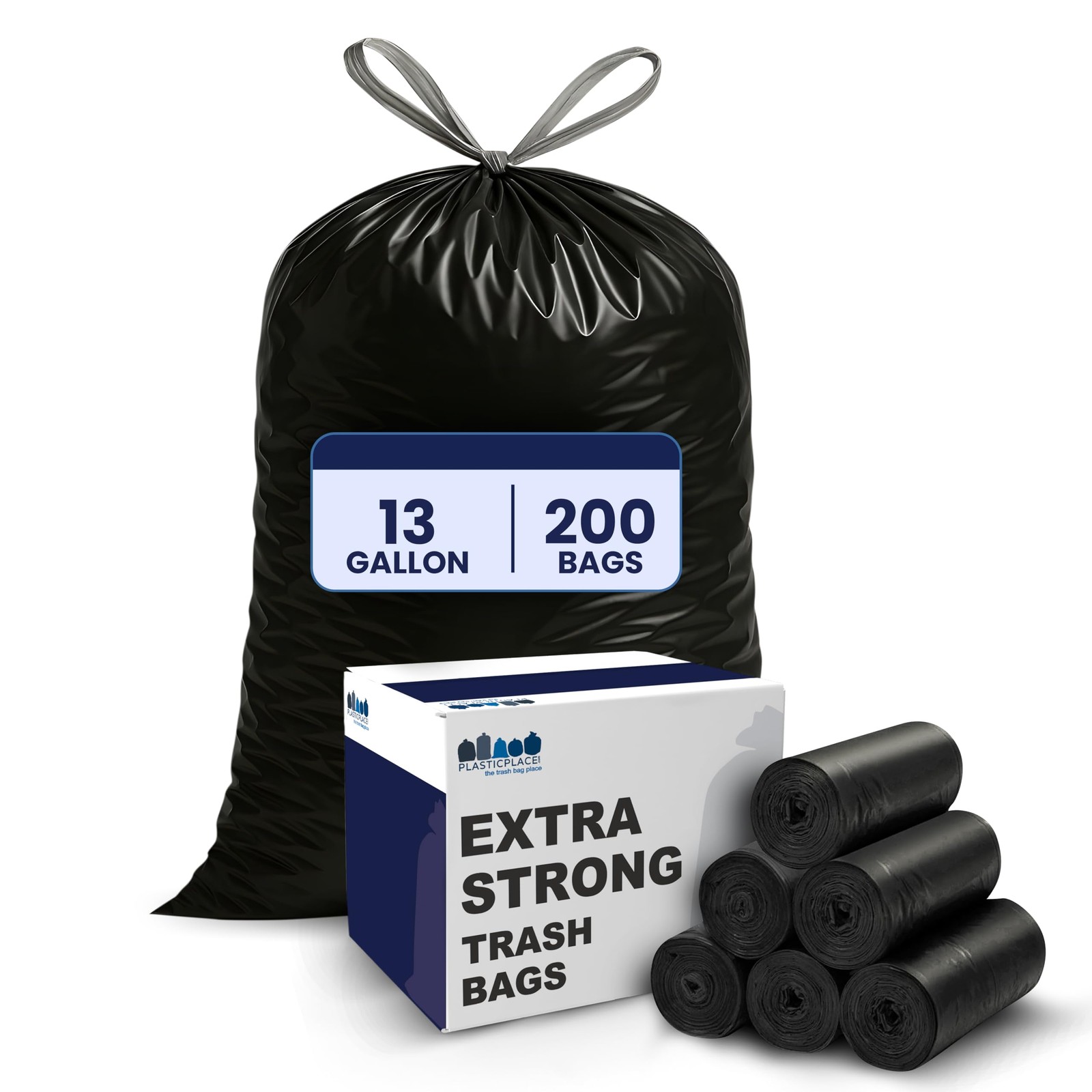 Plasticplace 13 Gallon Extra Tall Drawstring Kitchen Trash Bags Black 1.2 Mil