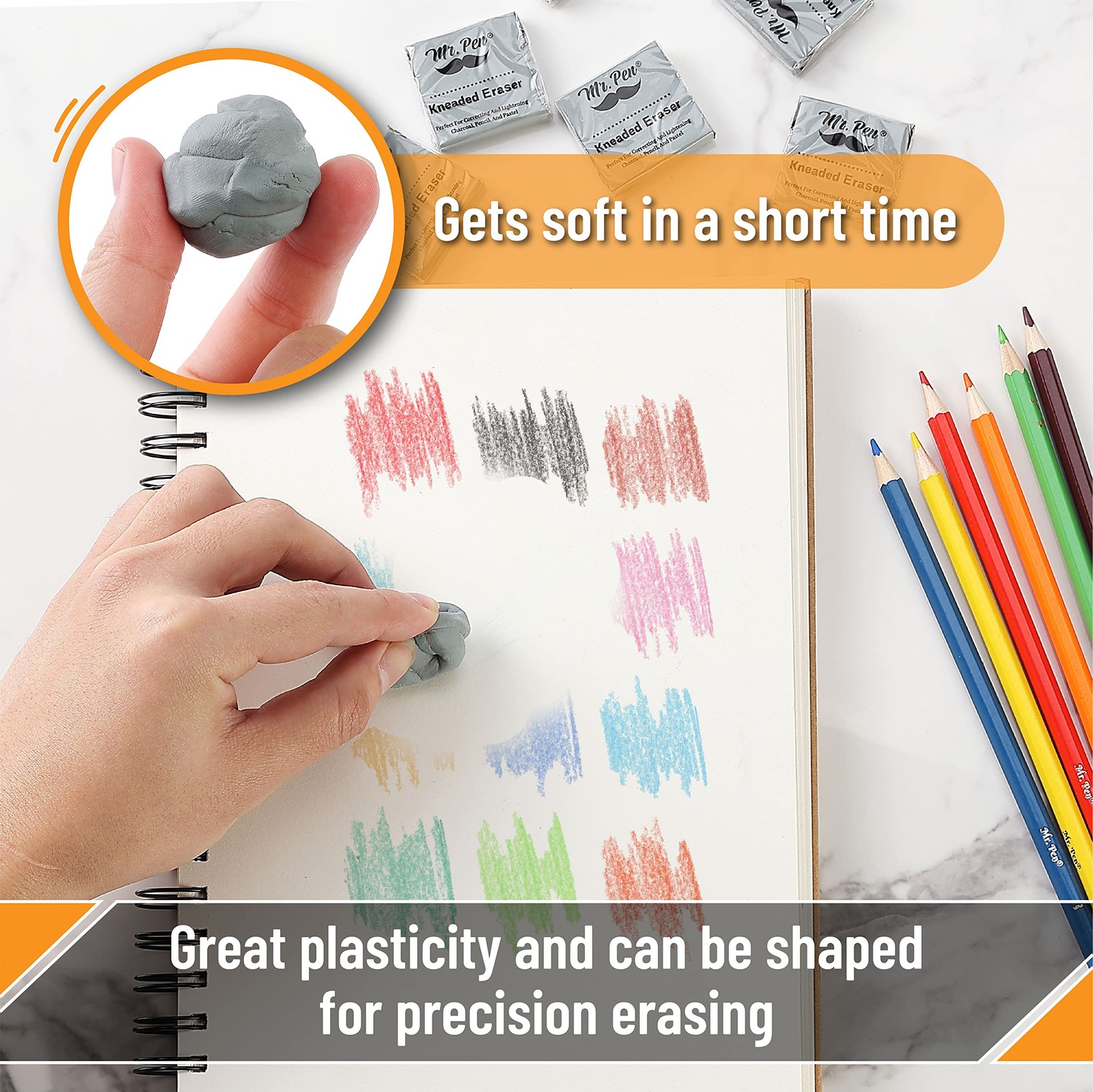 Mr. Pen- Kneaded Erasers, 1.44″ x 1.36″, 6 Pack, Gray x Grey