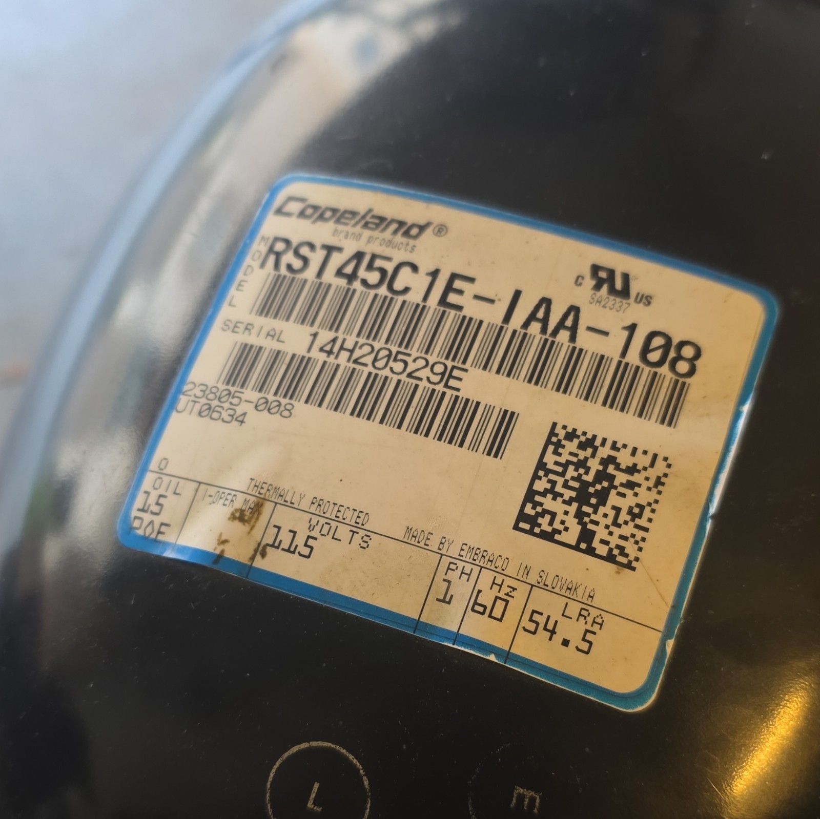Copeland Hermetic Compressor RST45C1E-IAA-108 115V 1 Phase R404A